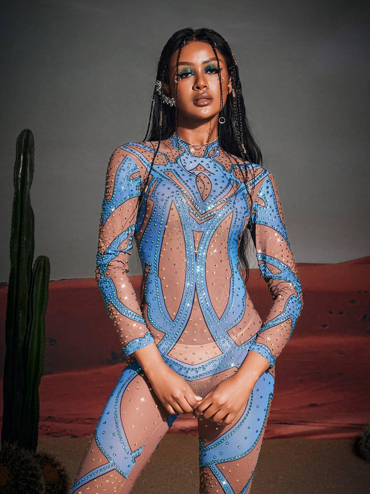 Vasco Baskılı Rhinestone Tulum