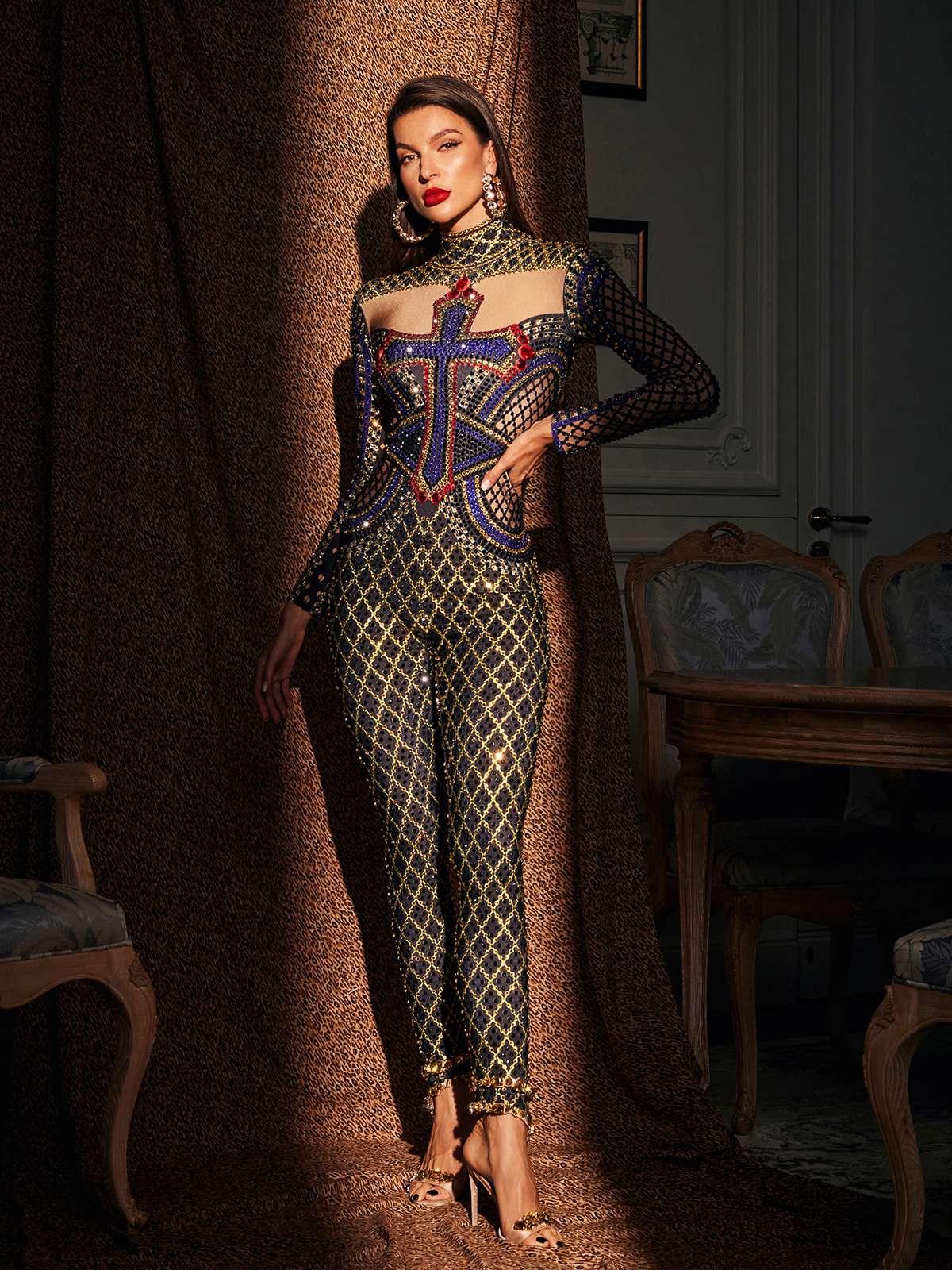Venetia Baskılı Rhinestone Tulum