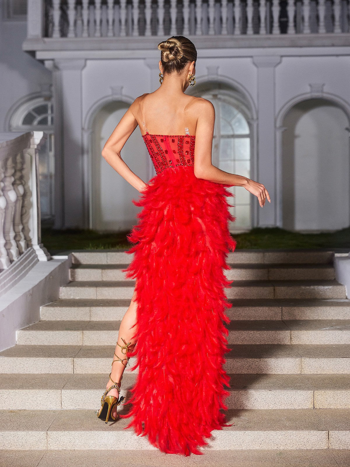 Vieby Straplez Rhinestone Tüy Maxi Elbise Kırmızı