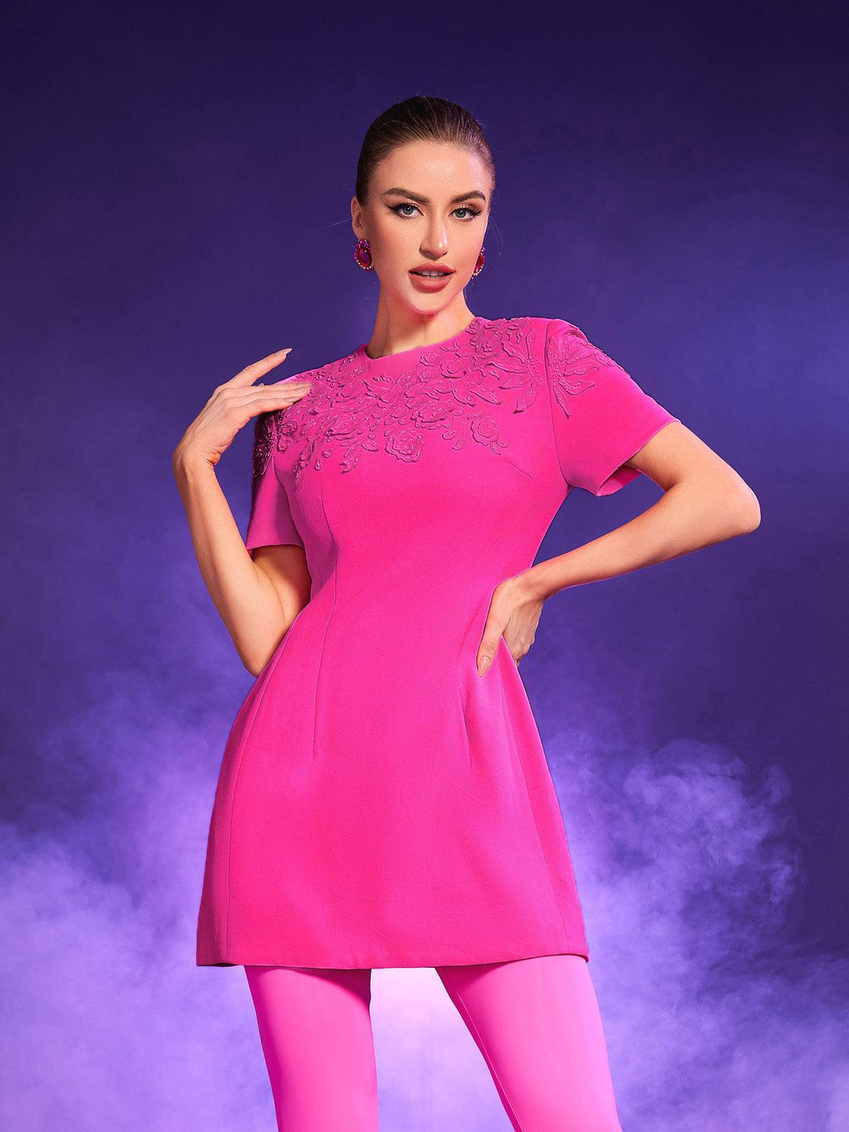 Wilder Jakarlı Kısa Kollu Mini Elbise, Parlak Pembe