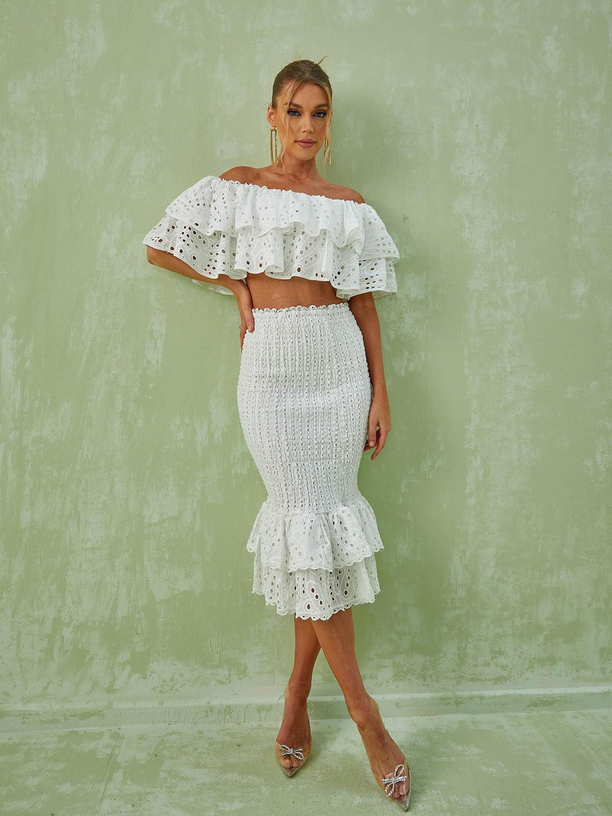 Beyaz Wisteria Ruffle Off Shoulder Hollow Set
