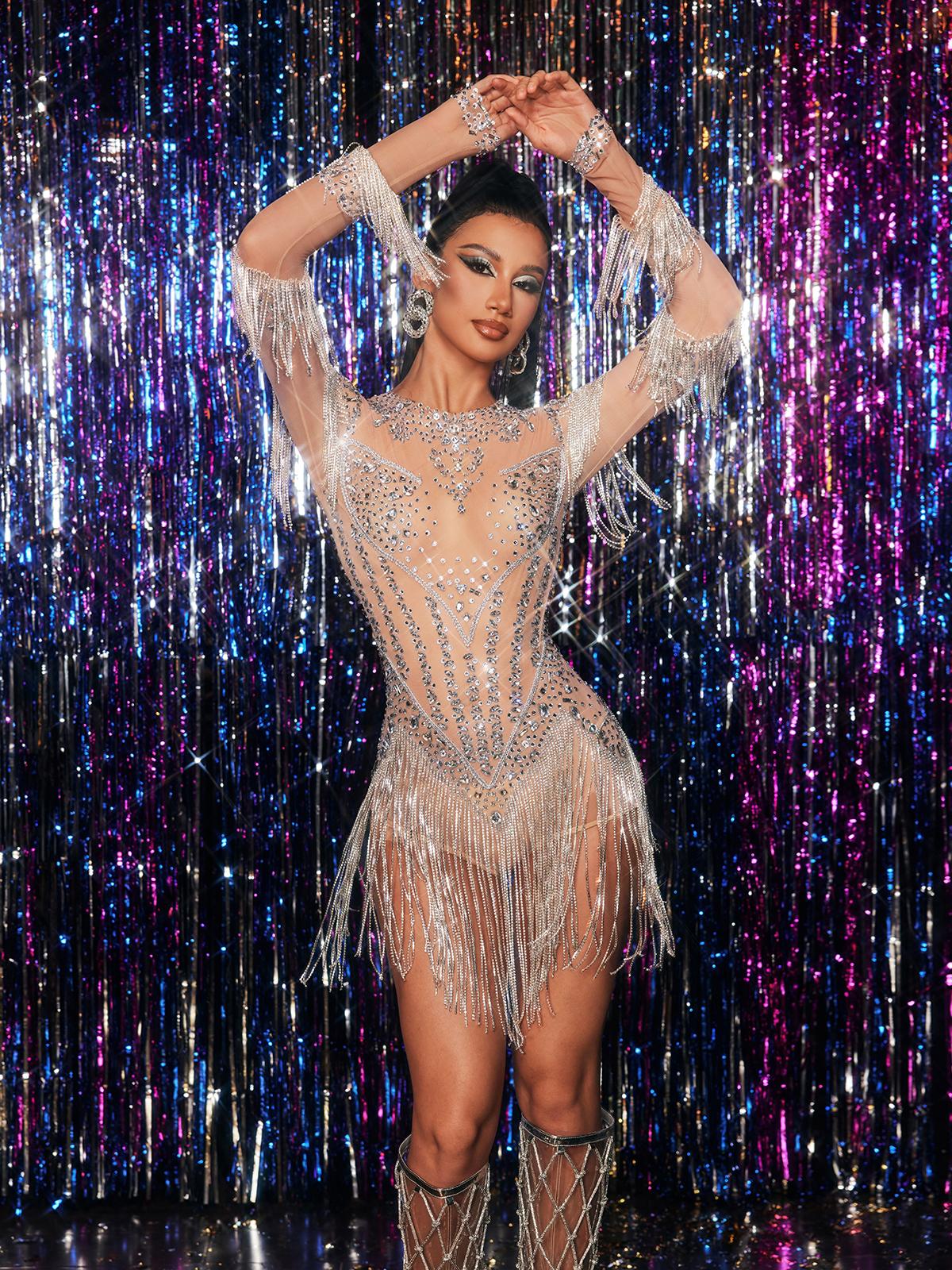 Zene Süslemeli Kristal Fringe Bodysuit