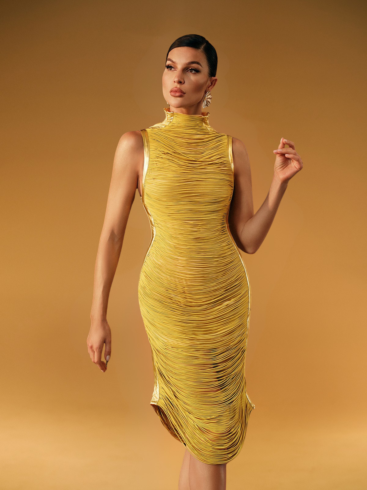 Zulekha Yüksek Yaka Fringed Midi Elbise