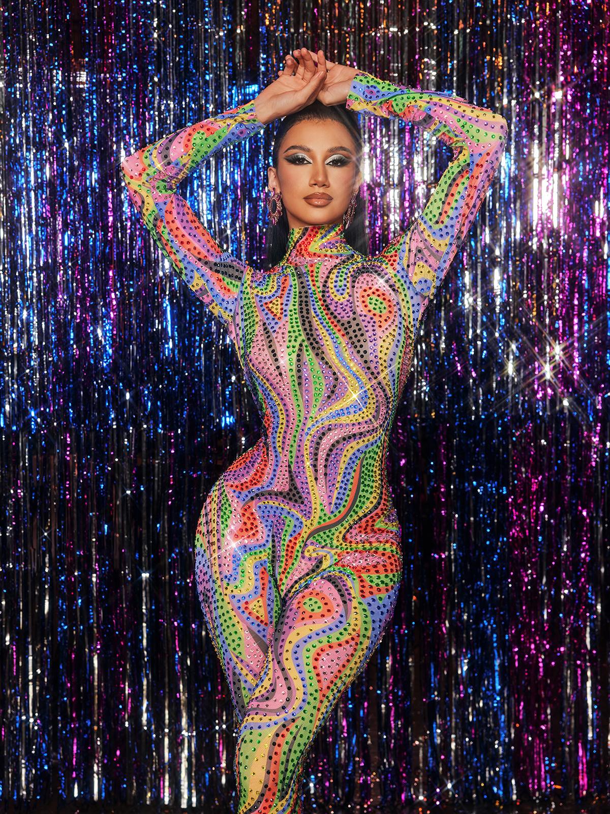 Zyxandor Yüksek Yaka Rhinestone Tulum