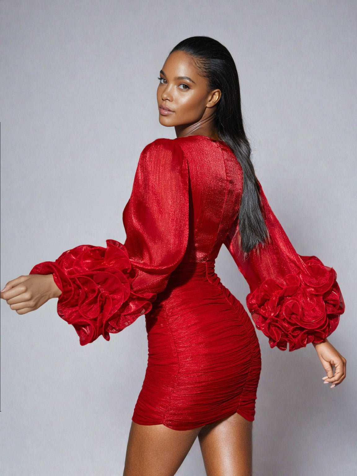 Anneline V Yaka Fırfırlı Mini Elbise Kırmızı