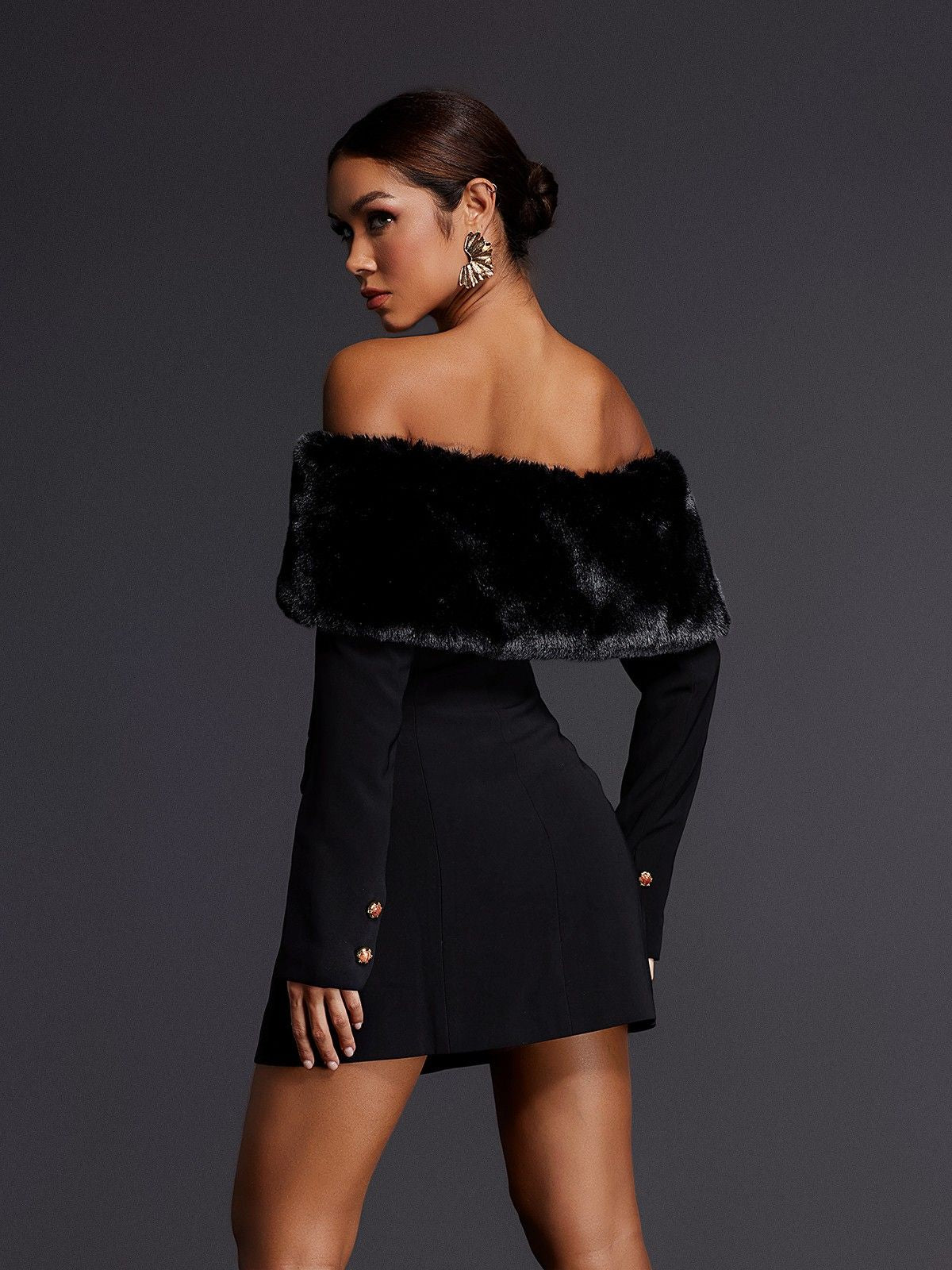 Aditi Yapay Kürk Düğmeli Mini Elbise