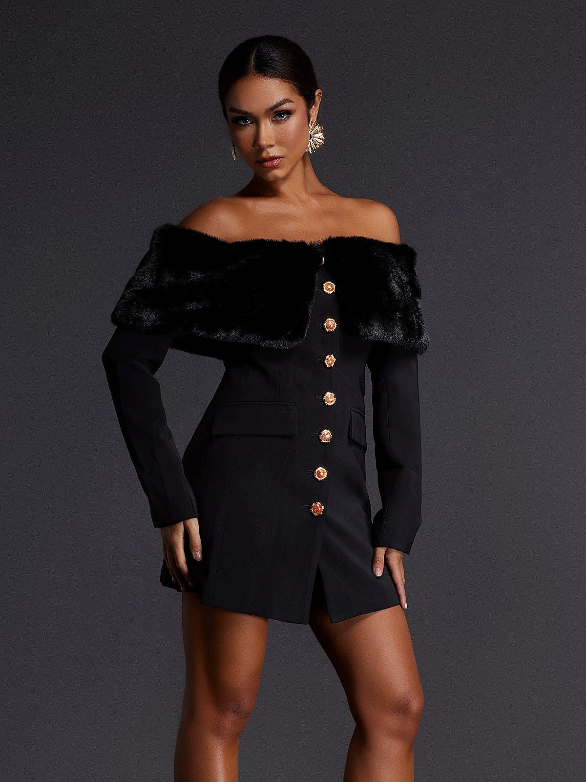 Aditi Yapay Kürk Düğmeli Mini Elbise