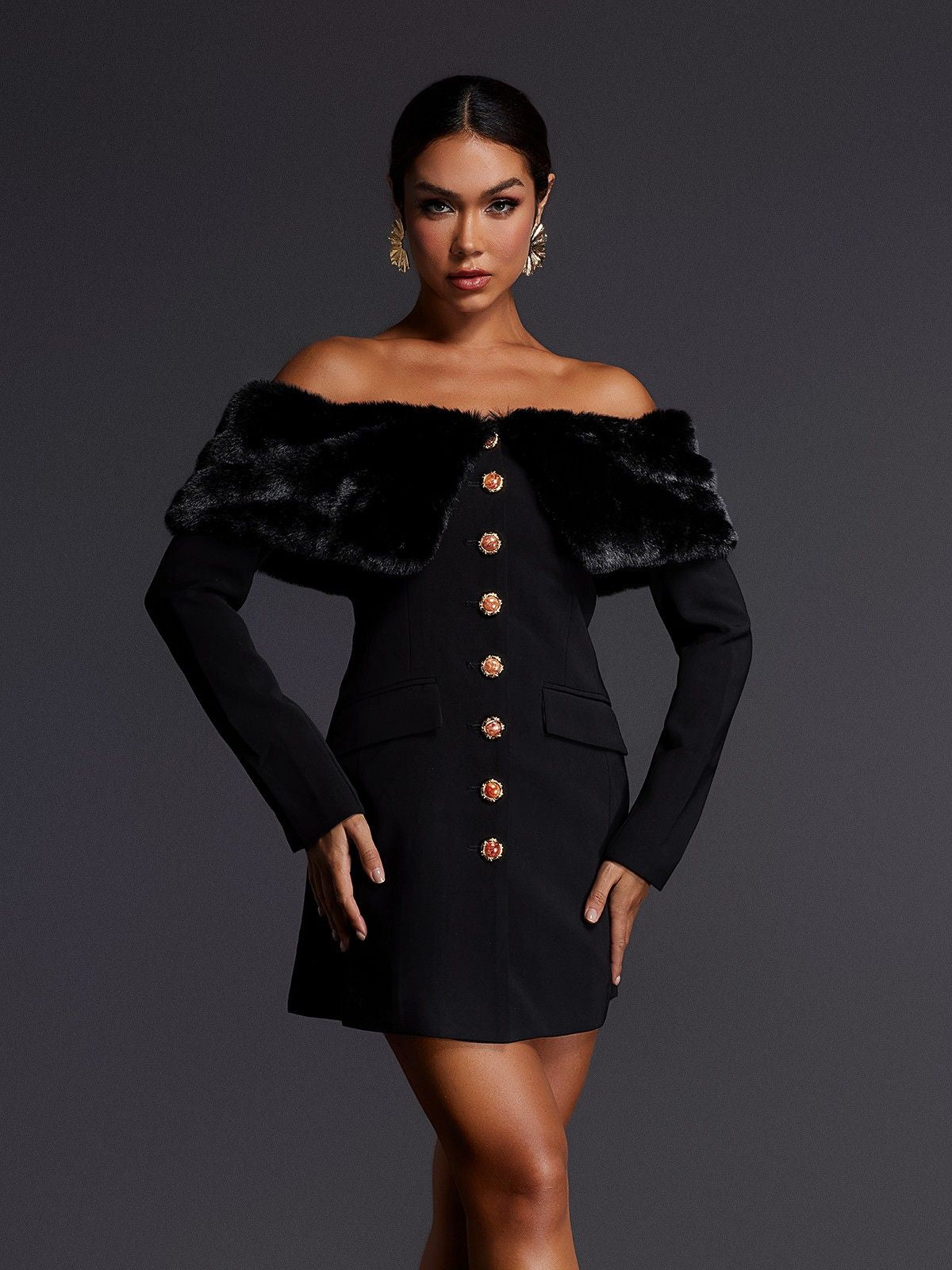 Aditi Yapay Kürk Düğmeli Mini Elbise
