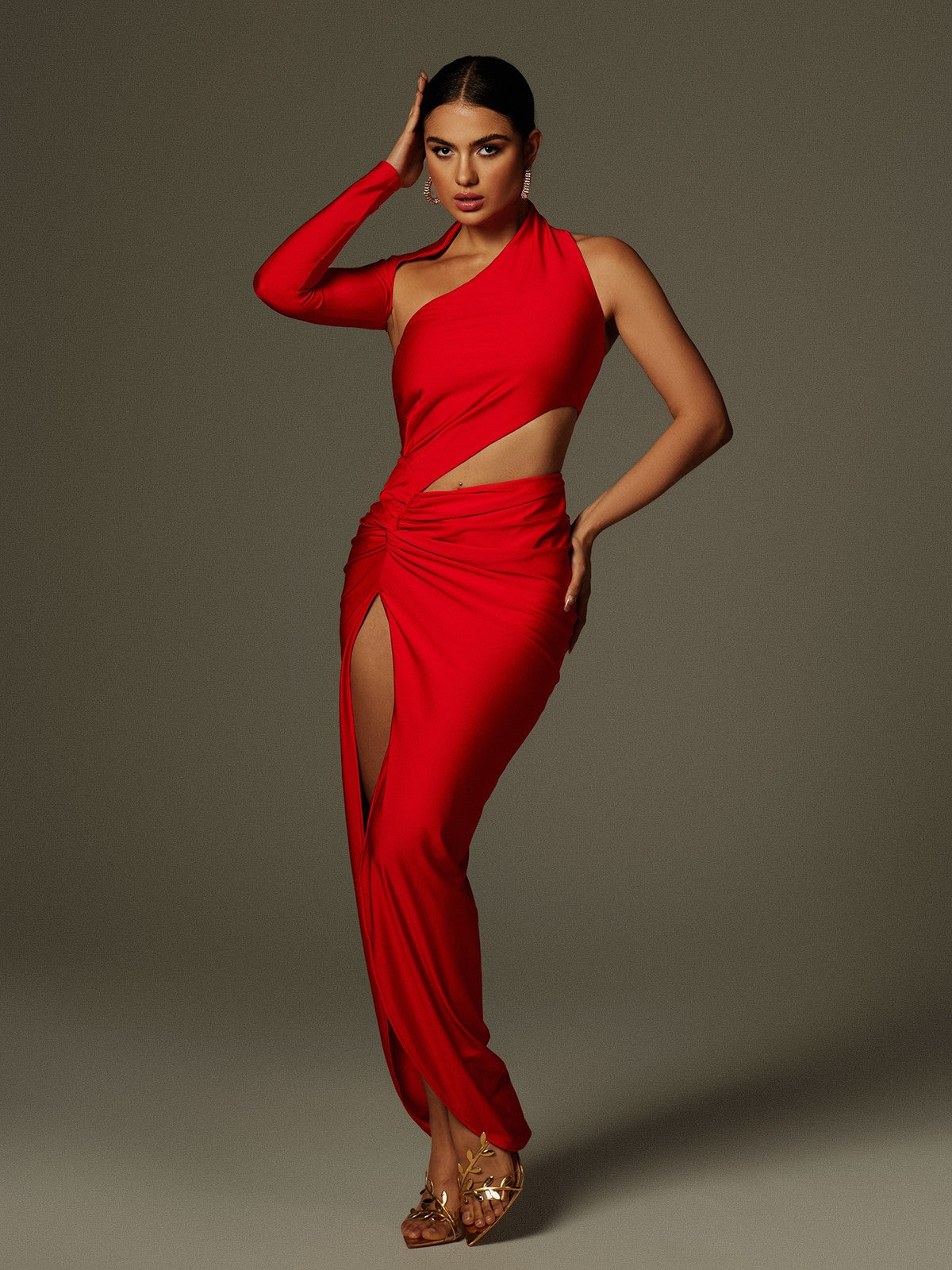 Aislyn Tek Omuzlu Kesik Detaylı Yırtmaçlı Maxi Elbise