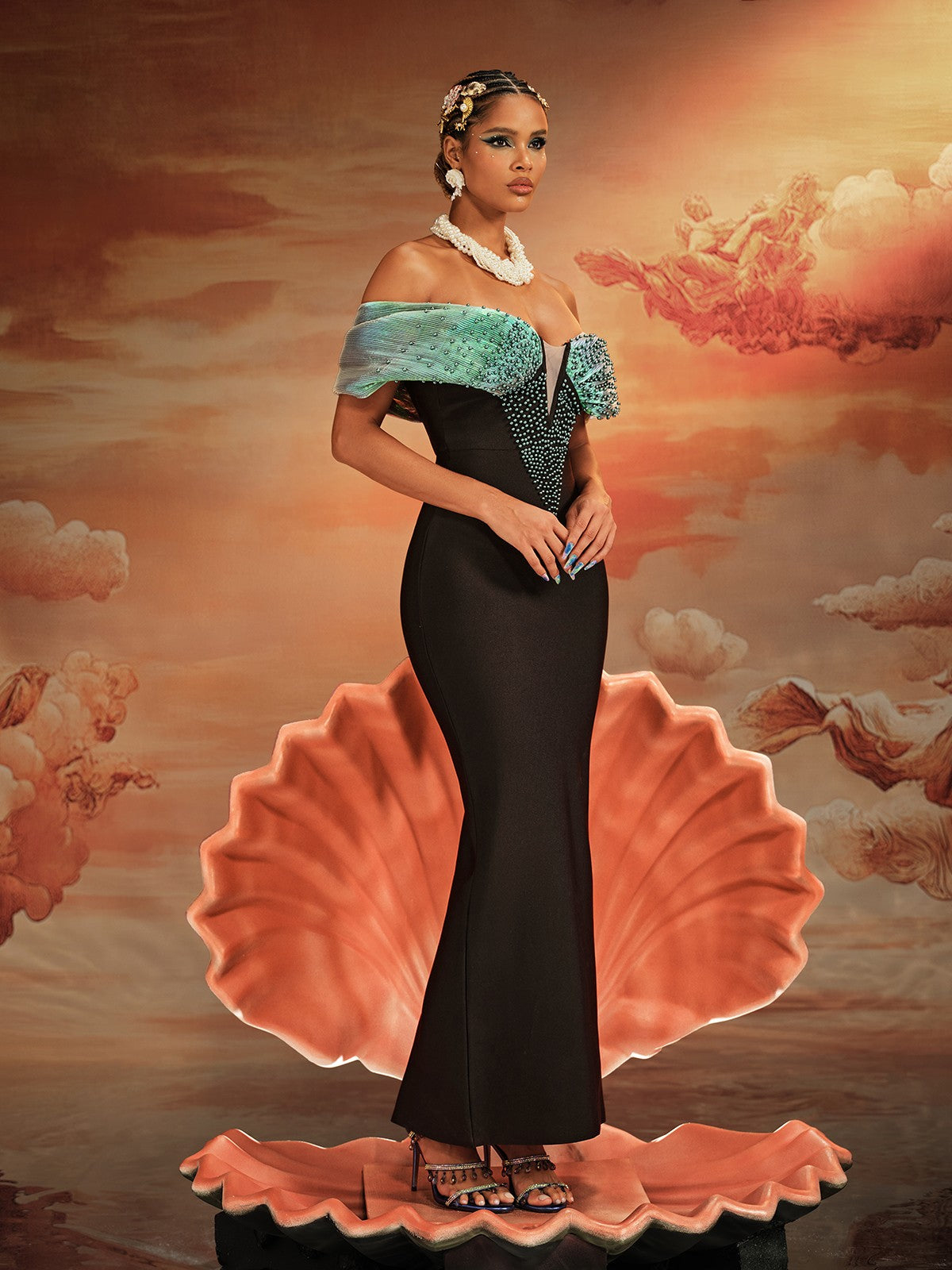 Ajani Off Shoulder Boncuklu Bandaj Maxi Elbise