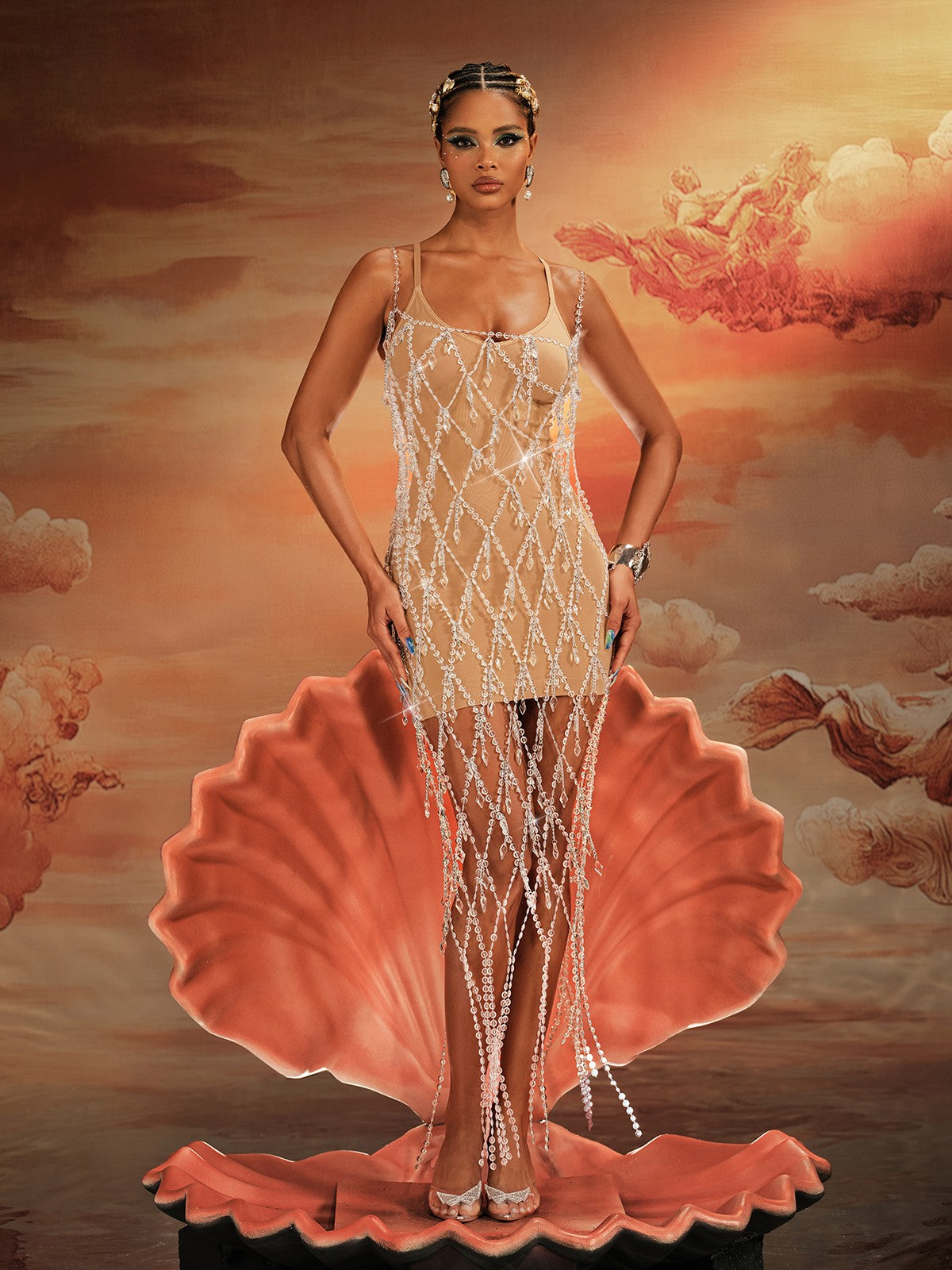 Akello Boncuk Rhinestone Fringe Elbise