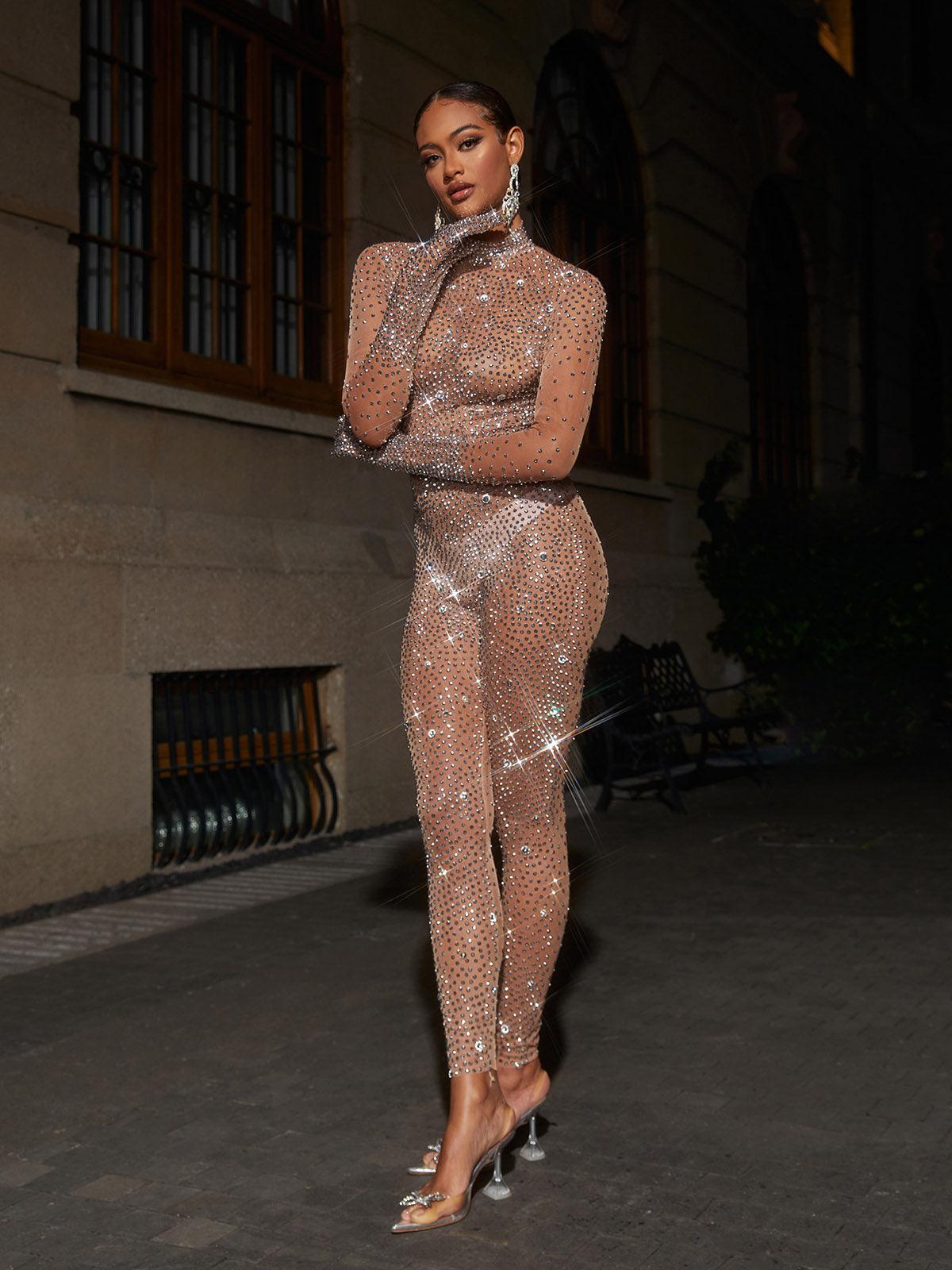 Koyu Ten Renkli Ally Rhinestone Ağı Mesh Tulum