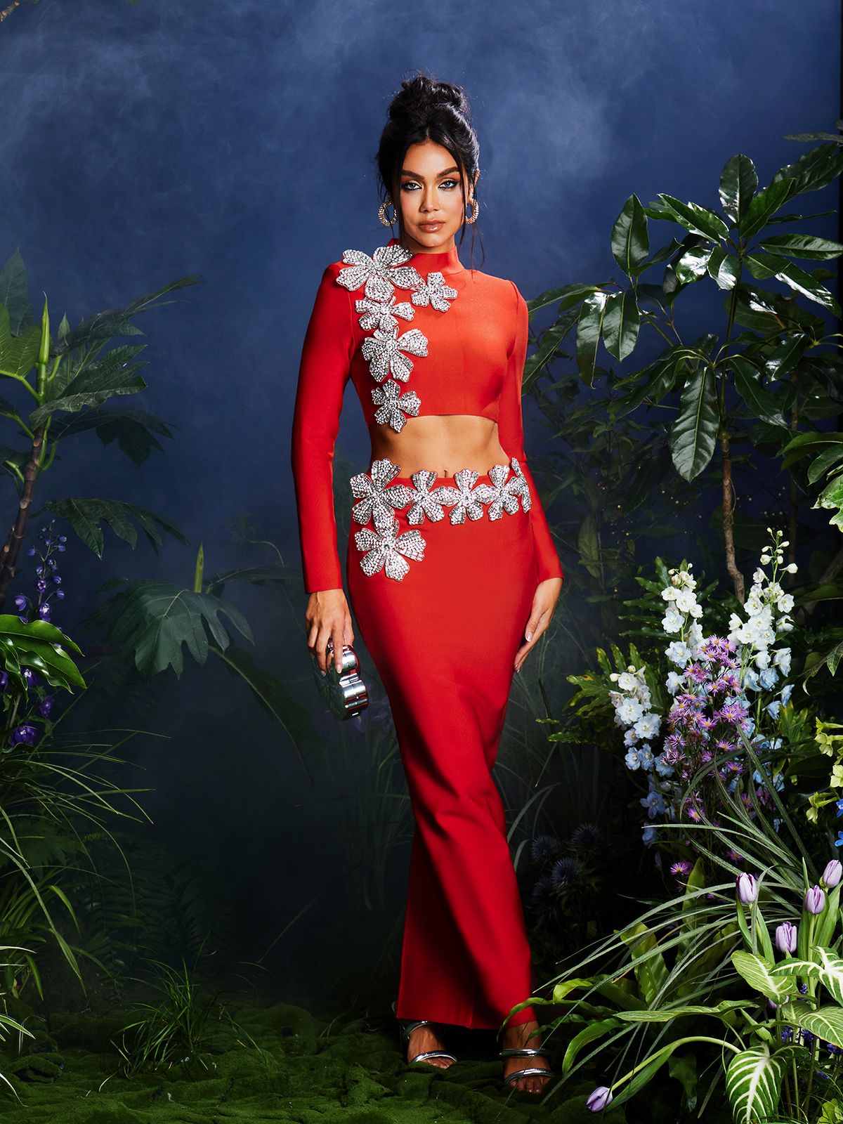 Almira Uzun Kollu Çiçekli Bandaj Etek Seti Kırmızı