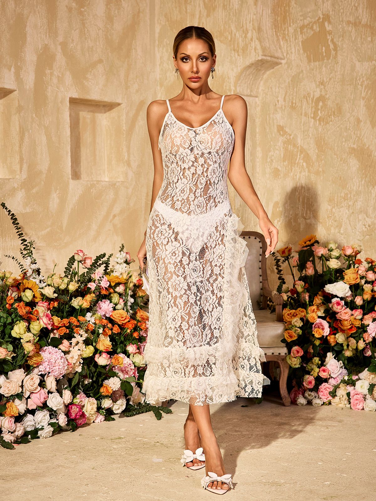 Aloisia Spaghetti Çiçek Dantel Midi Elbise