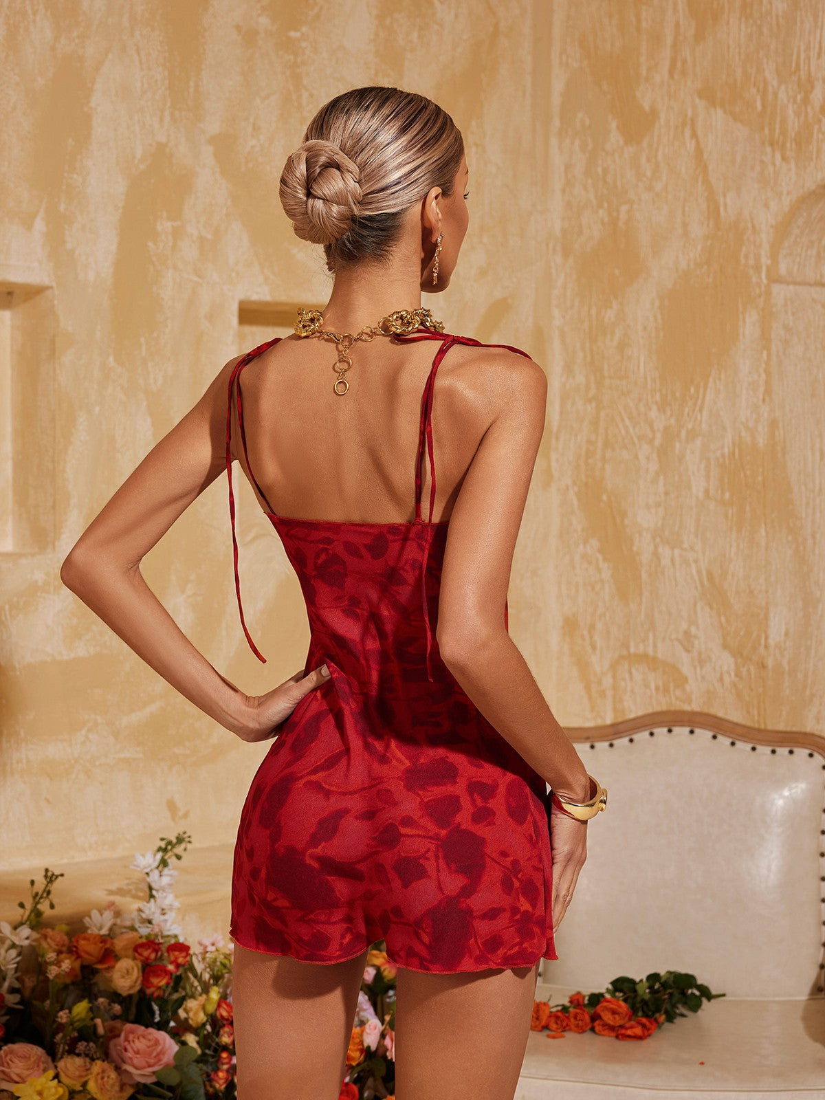 Altharion Spaghetti Çiçek Desenli Mini Elbise Kırmızı