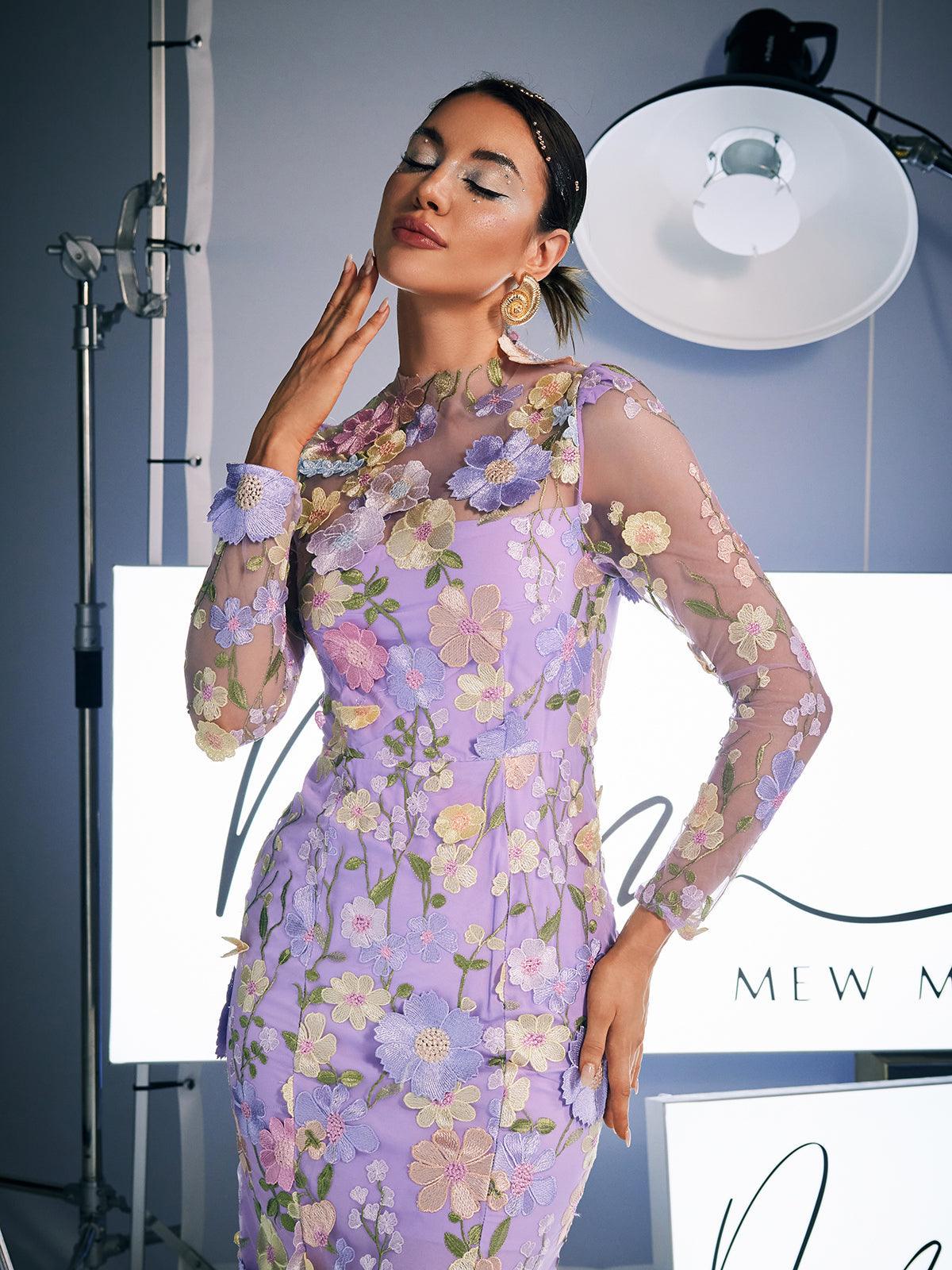 Amara Mor Renkli Uzun Kollu Nakışlı Midi Elbise