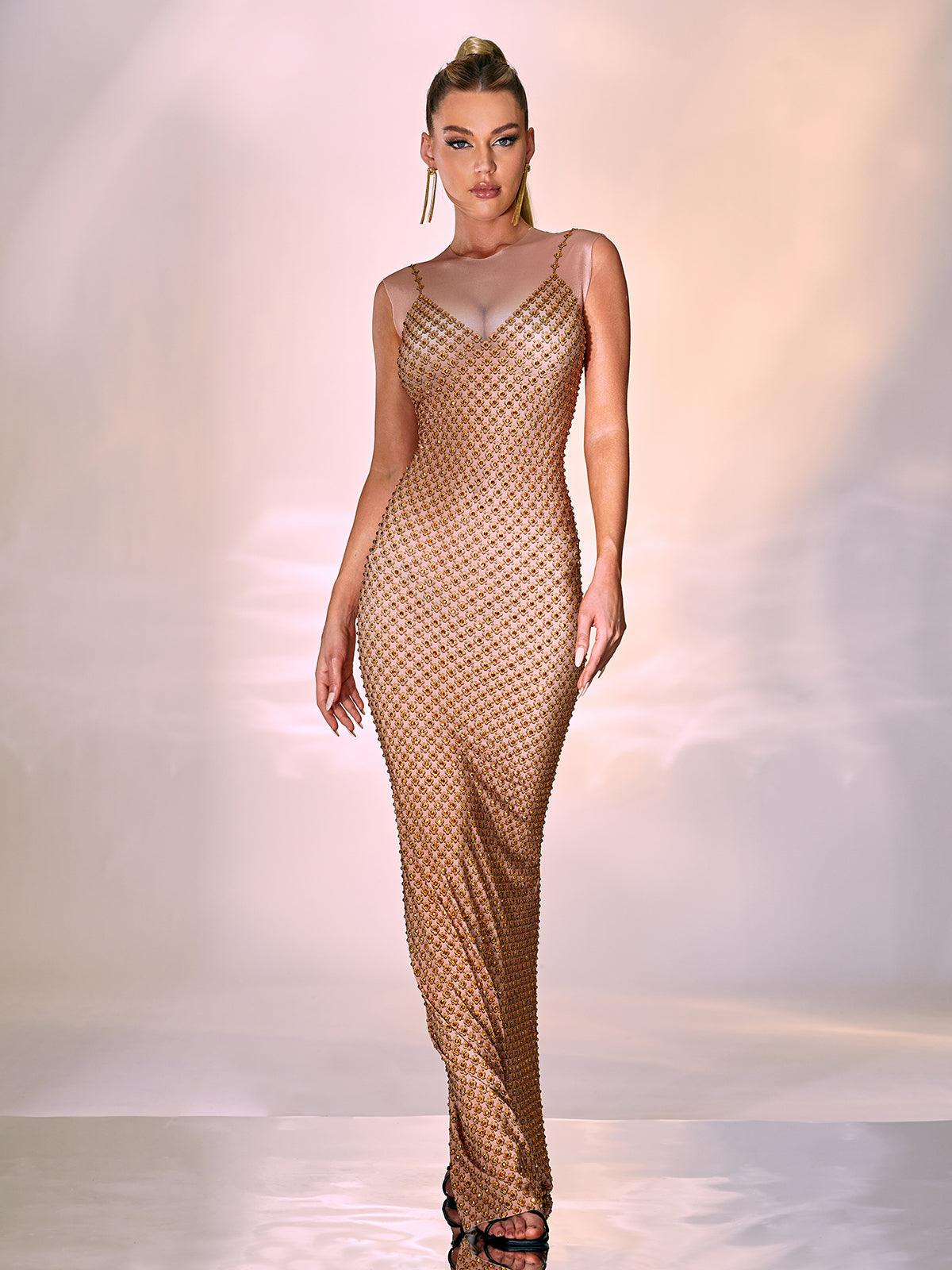 Aminah Kristal Baskılı Dantel Maxi Elbise