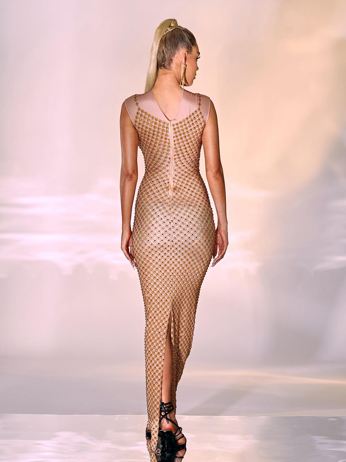 Aminah Kristal Baskılı Dantel Maxi Elbise