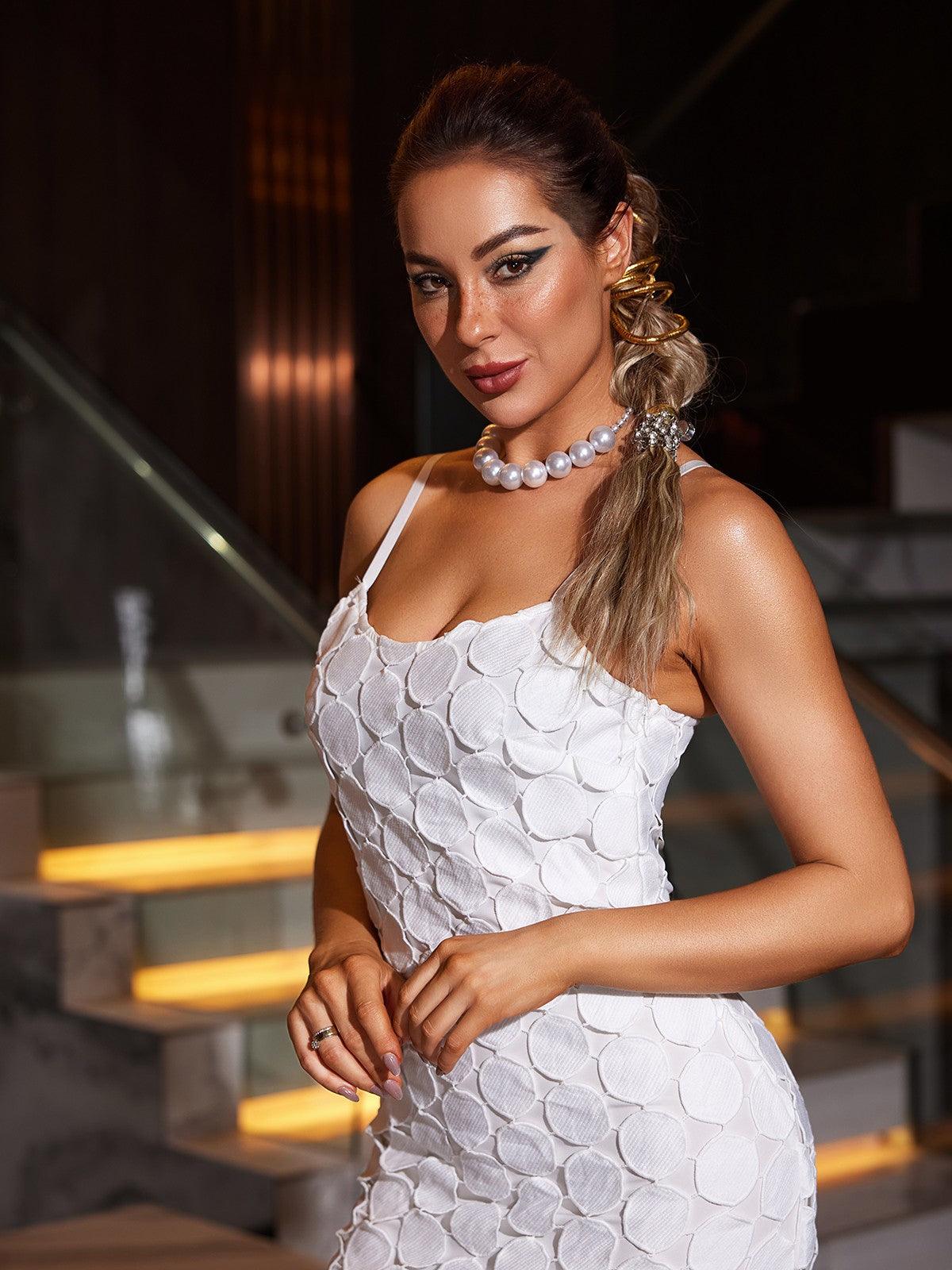 Annick Spaghetti Daire Kesim Midi Elbise Beyaz