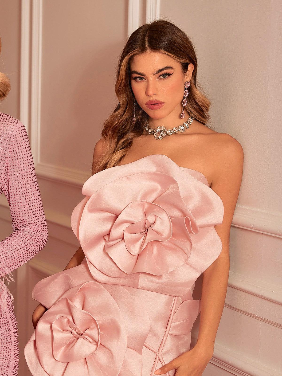 Anwen Straplez Çiçek Mini Elbise - Pembe