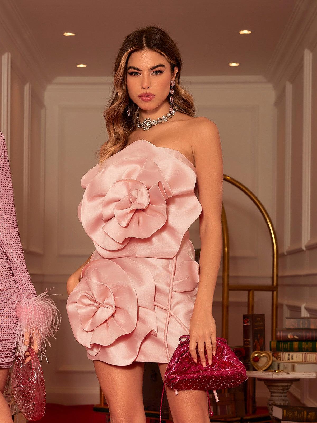 Anwen Straplez Çiçek Mini Elbise - Pembe