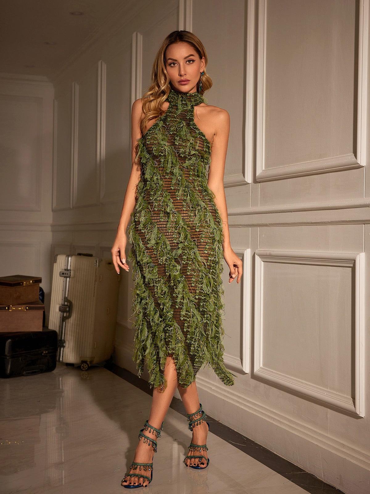 Arlo Halter Yaka Sırt Açık Boş Midi Elbise Yeşil