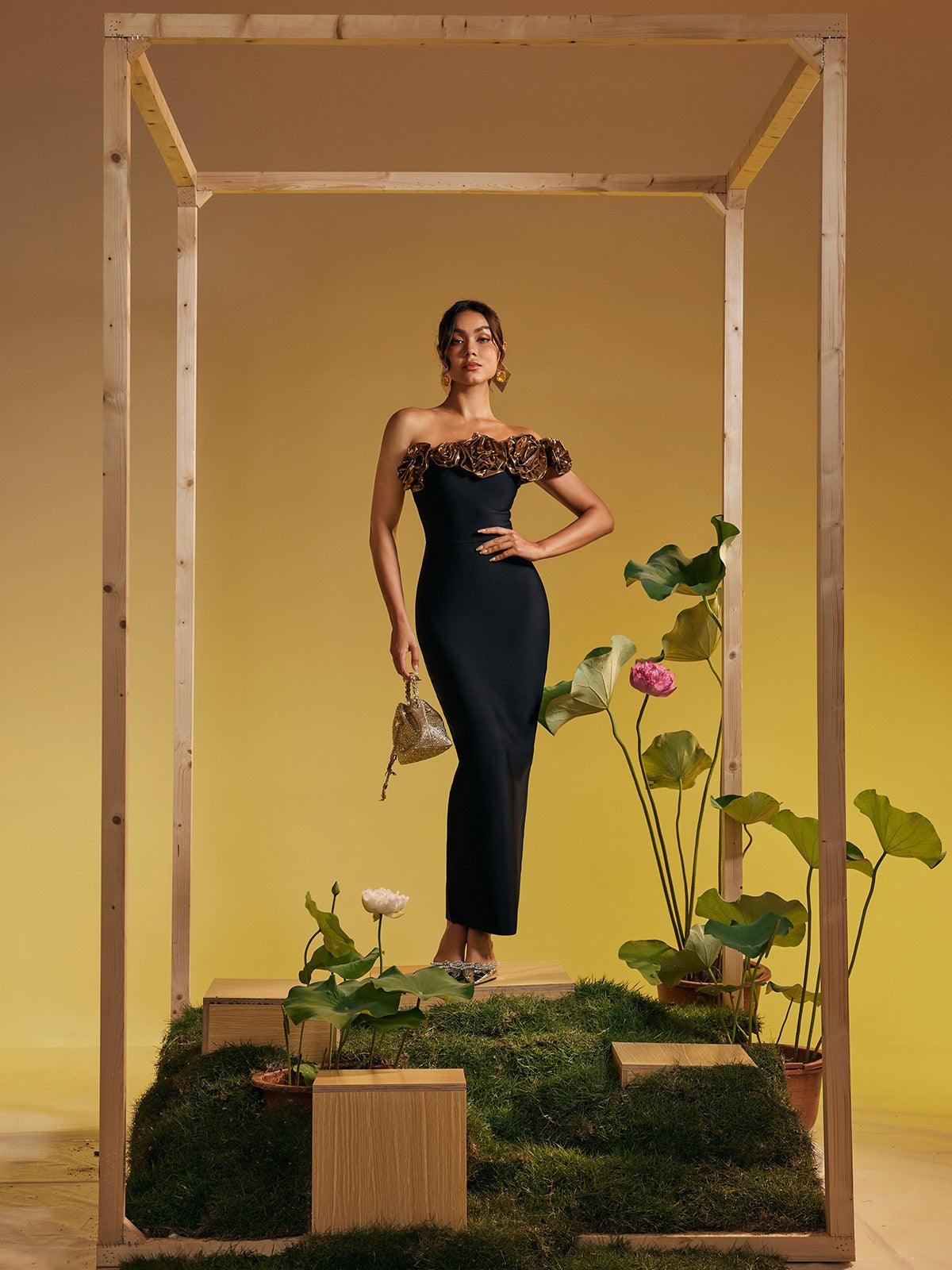 Arnau Tek Omuz Çiçek Bandaj Maxi Elbise Altın