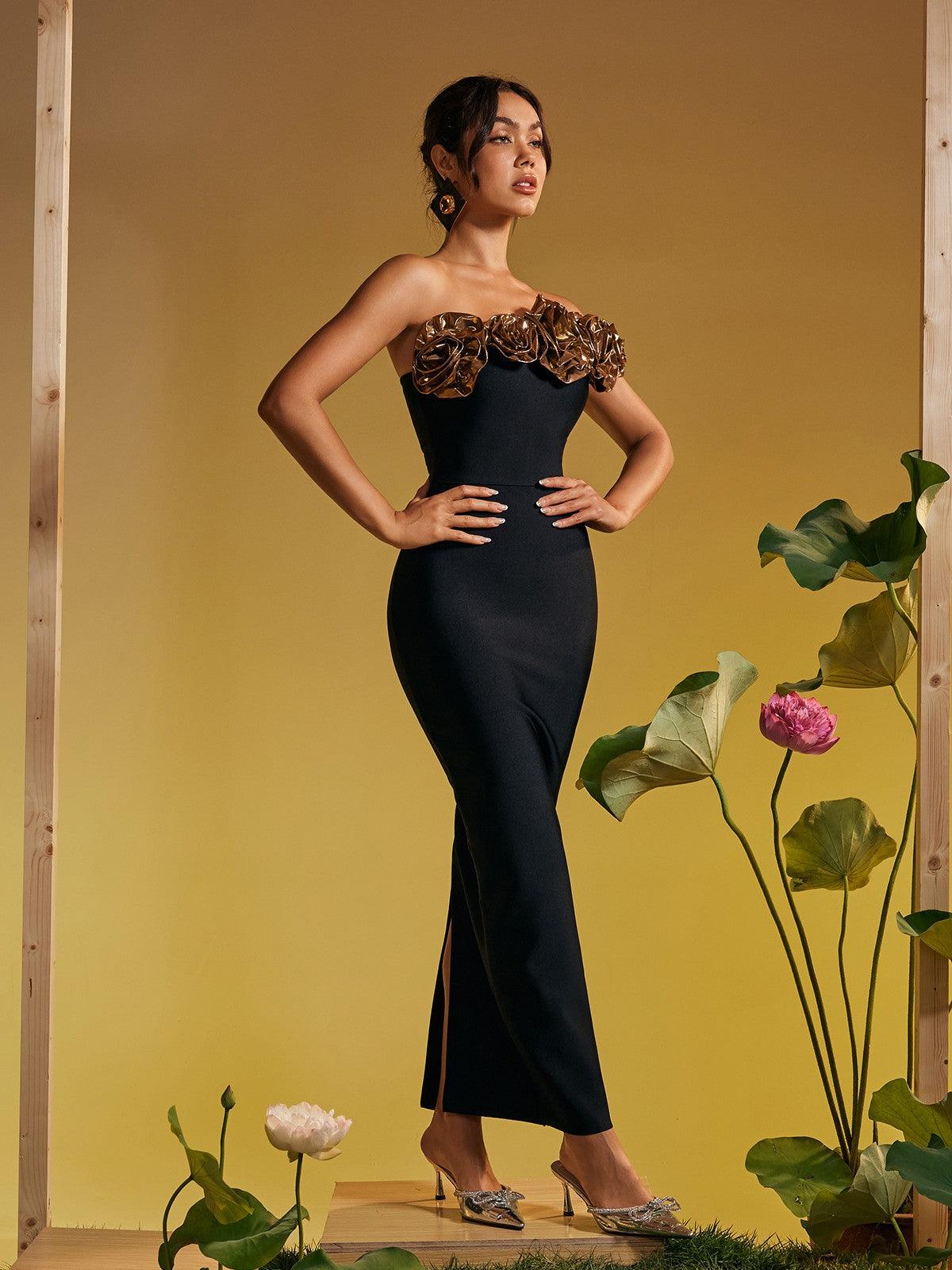 Arnau Tek Omuz Çiçek Bandaj Maxi Elbise Altın