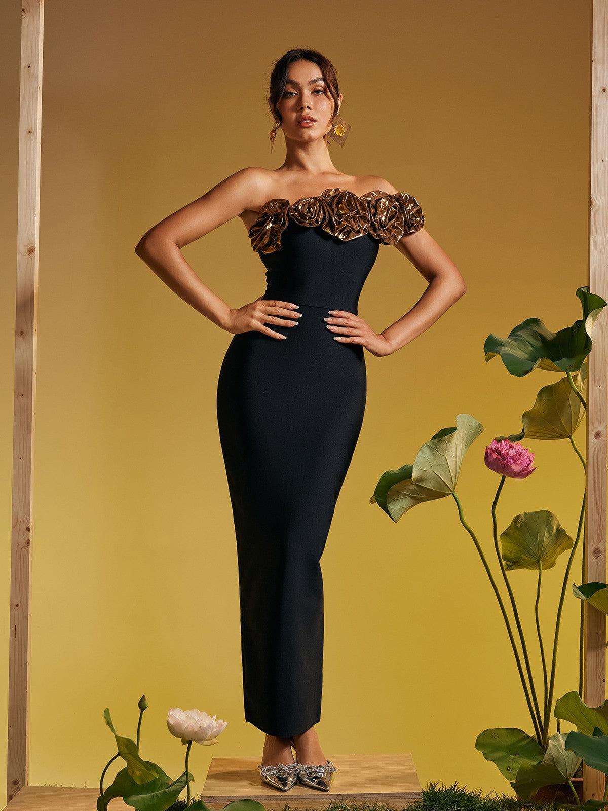 Arnau Tek Omuz Çiçek Bandaj Maxi Elbise Altın