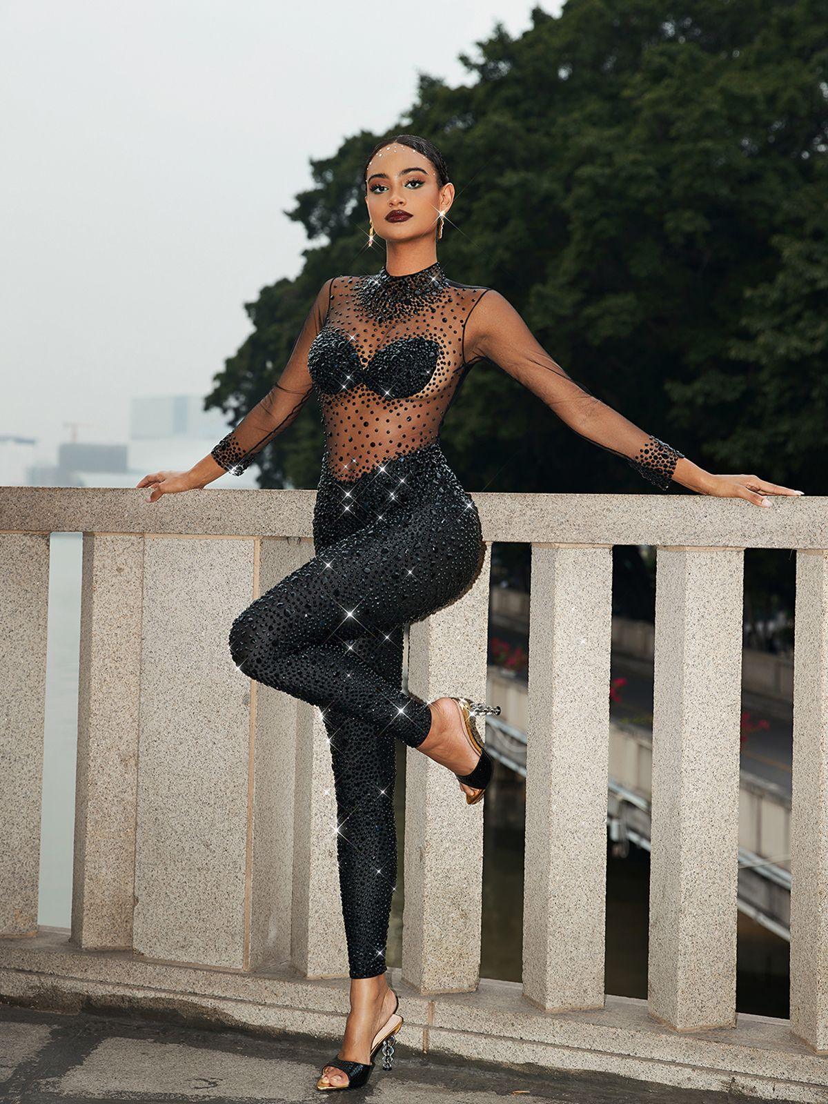 Siyah Azami Mesh Kristal Tulum