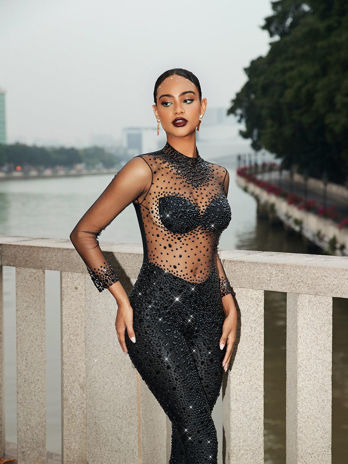 Siyah Azami Mesh Kristal Tulum