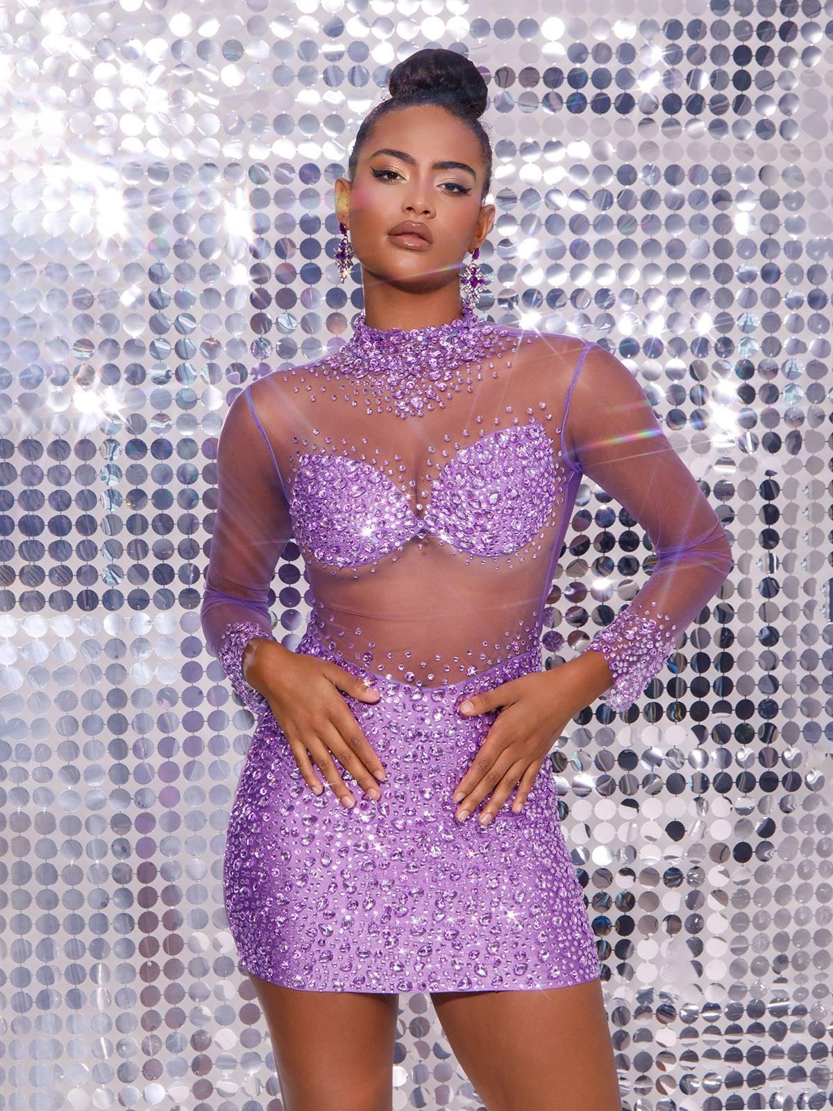 Mor Azami Mesh Kristal Mini Elbise