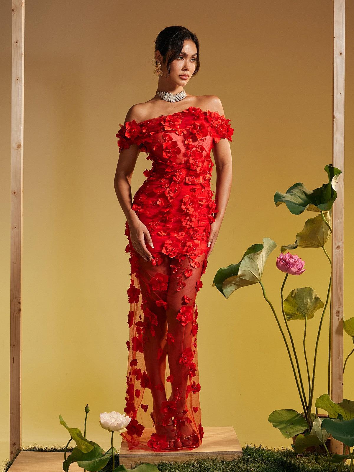 Azizi Omuz Açık Çiçekli Mesh Maxi Elbise