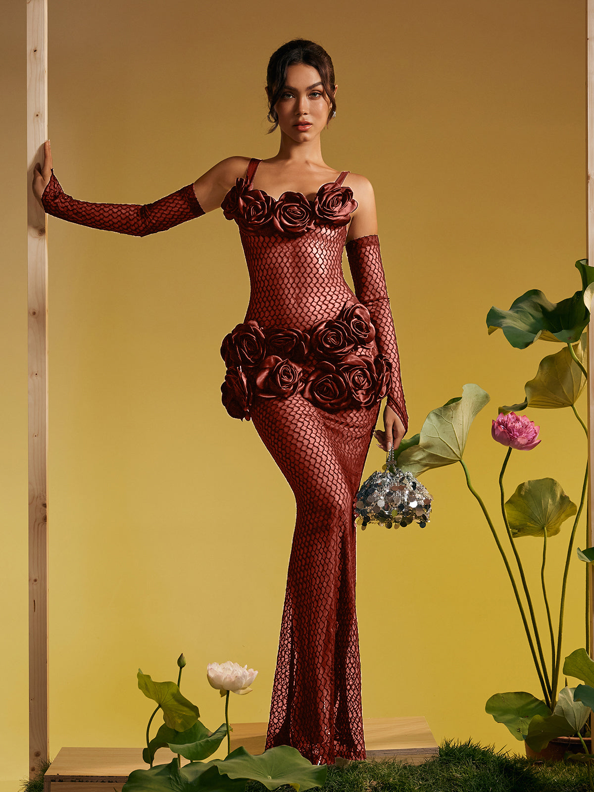 Barbara Spaghetti Kesik Çiçek Maxi Elbise Kahverengi