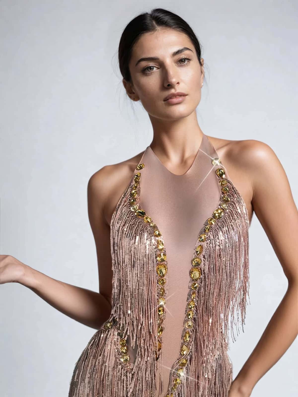 Benicio Halter Yaka Fringe Payet Bodysuit