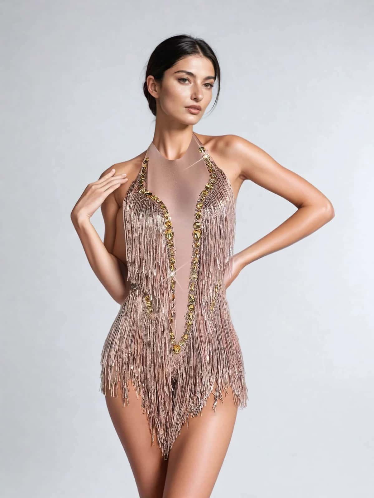 Benicio Halter Yaka Fringe Payet Bodysuit