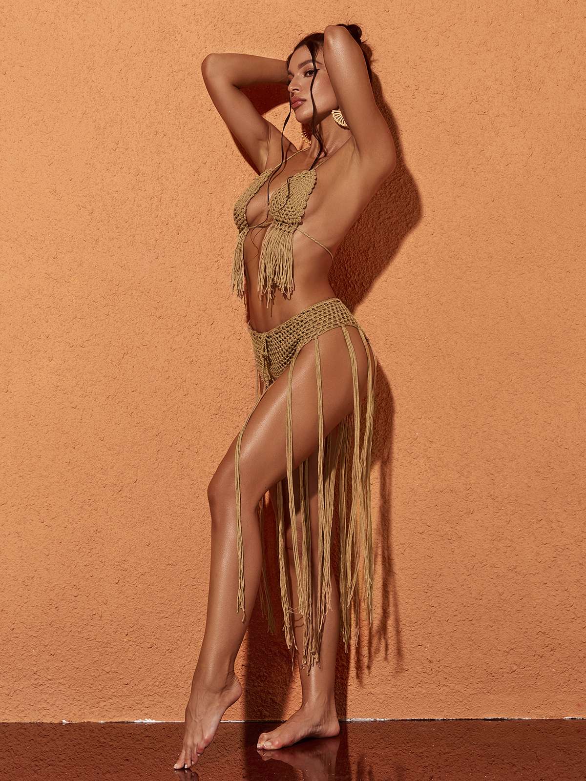 Berlin Örgü Fringed Bikini İki Parça Seti Kahverengi