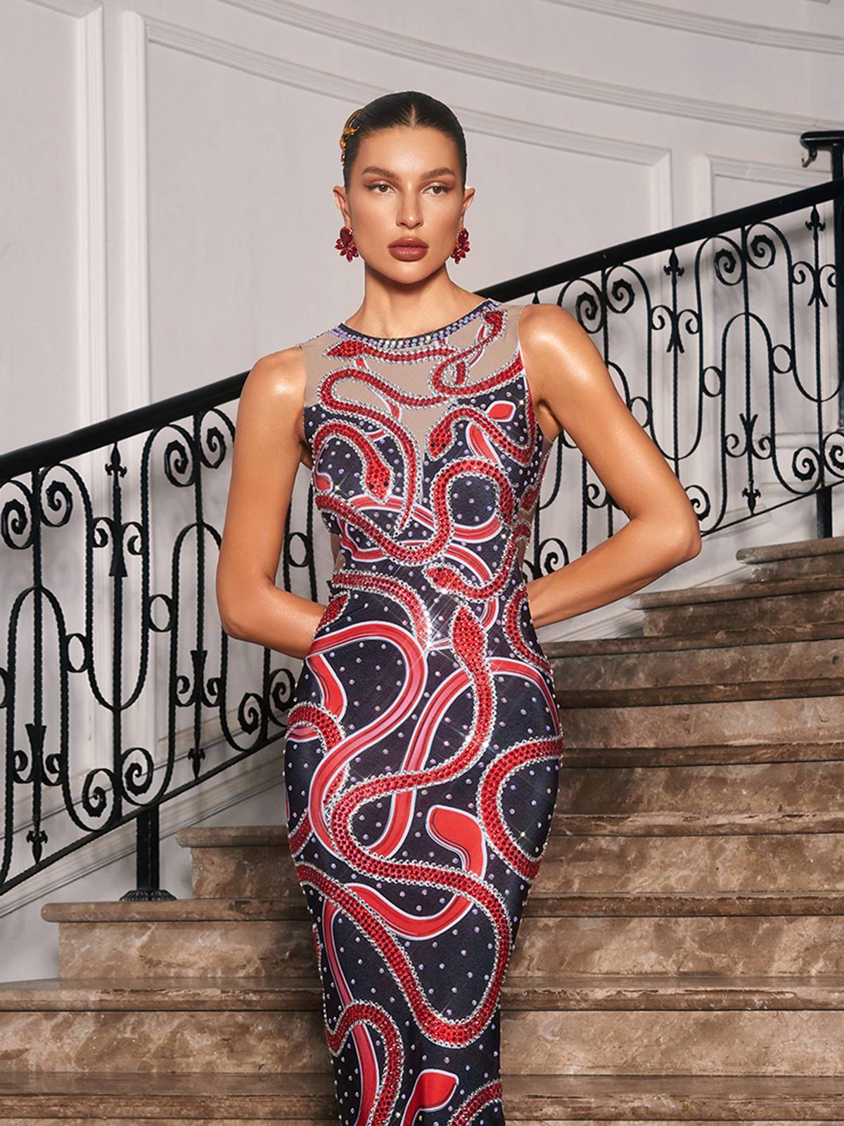 Bieda Yılan Desenli Kristal Maxi Elbise