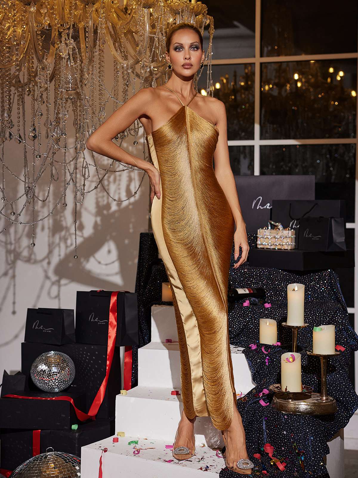 Bronz Bluma Halterneck Fringe Maxi Elbise