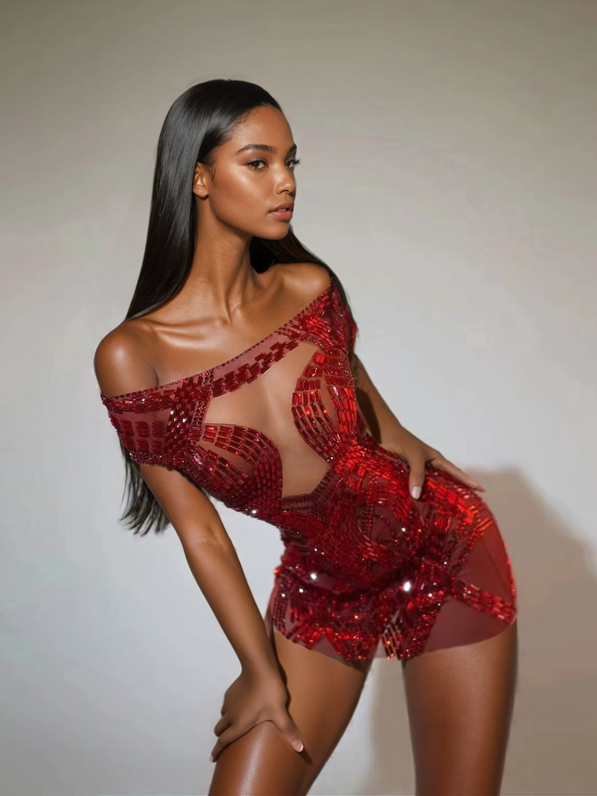 Kırmızı Bly Tek Omuzlu Rhinestone Mini Elbise