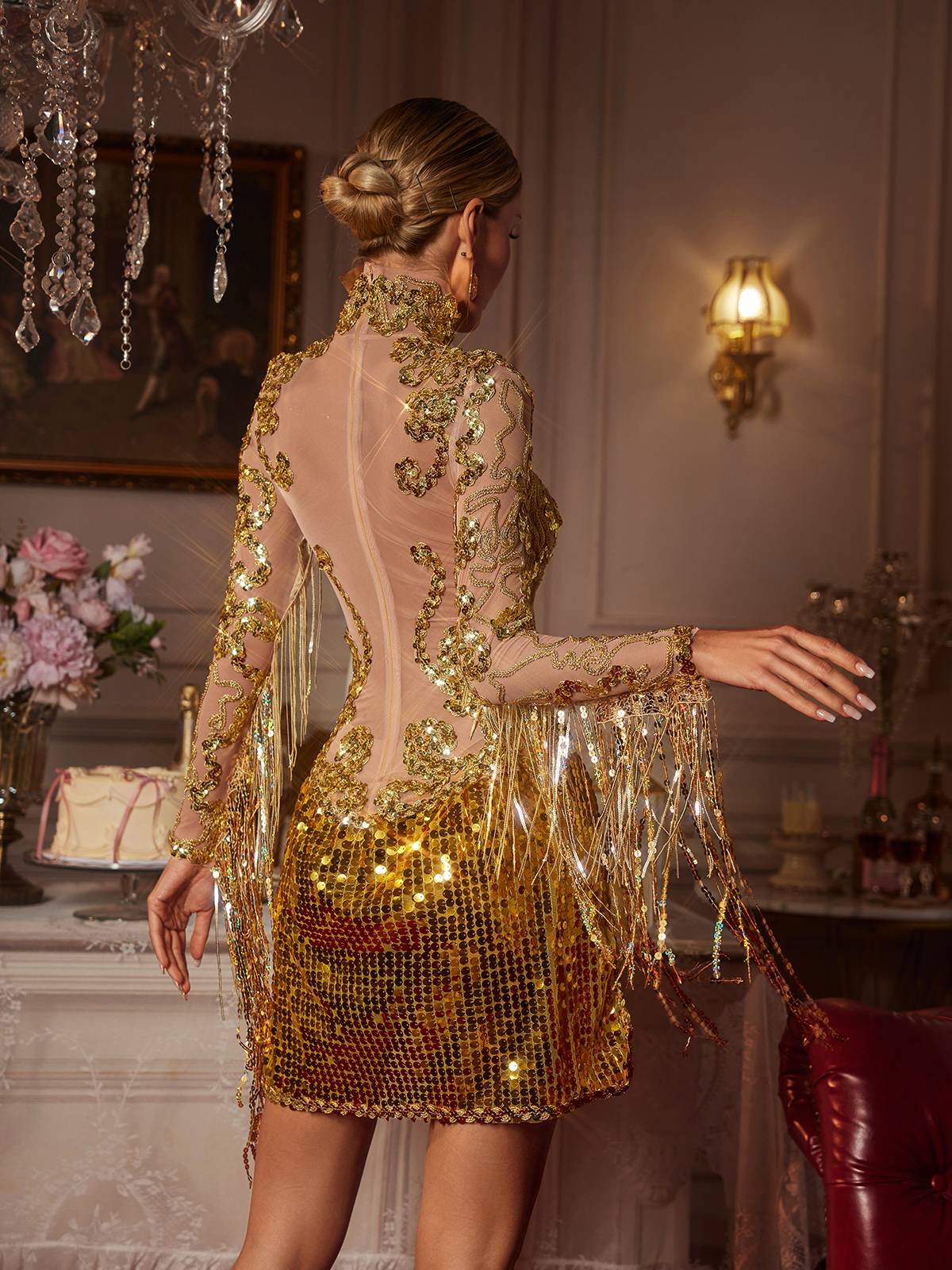 Braychan Süslemeli Franjlı Yırtmaçlı Mini Elbise Altın