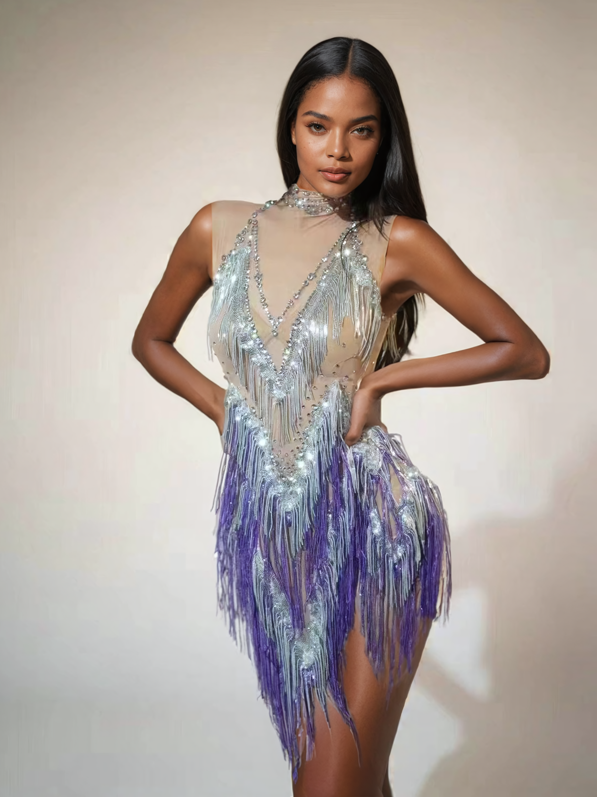 Buggan Rhinestone Fringe Mesh Mini Bodysuit Mor