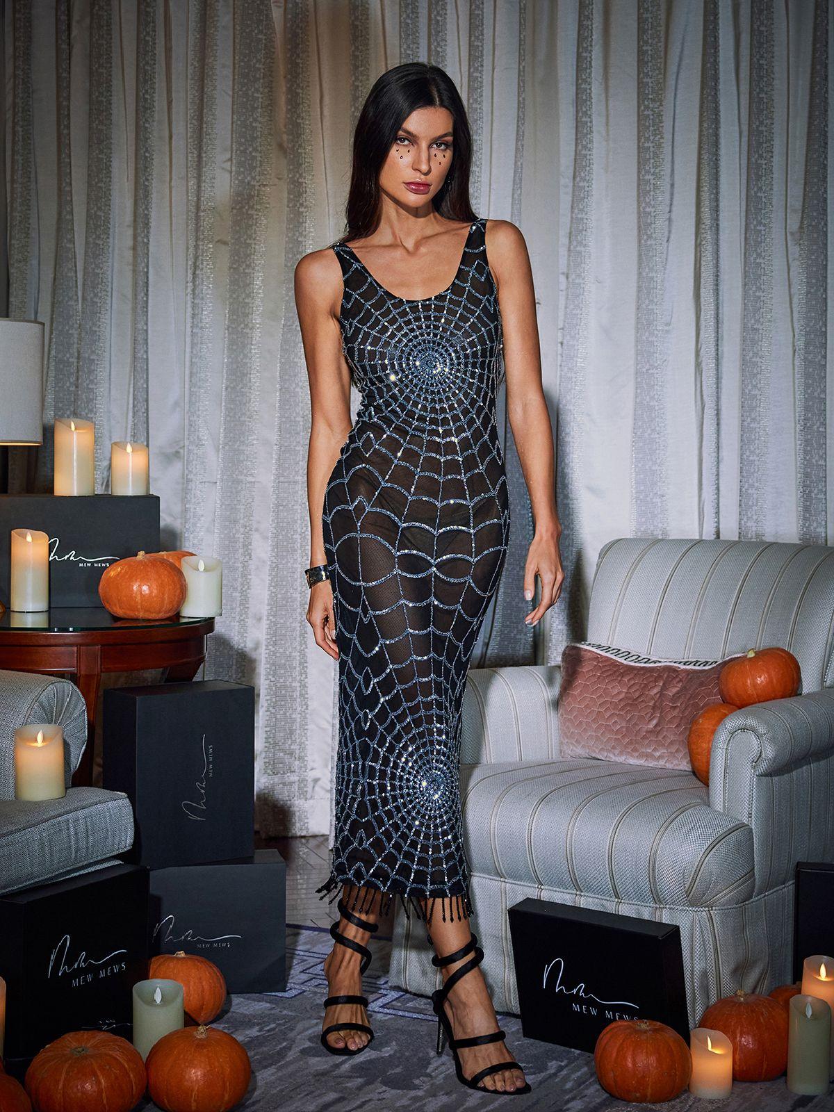 Calyx Scoop Neck Cobweb Payet Midi Elbise Siyah