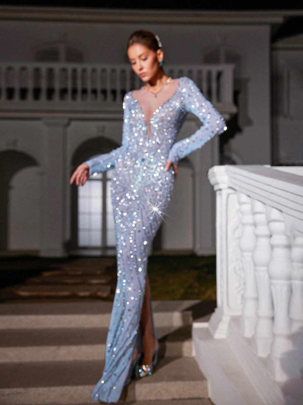 Casey Uzun Kollu Rhinestone Mesh Maxi Elbise