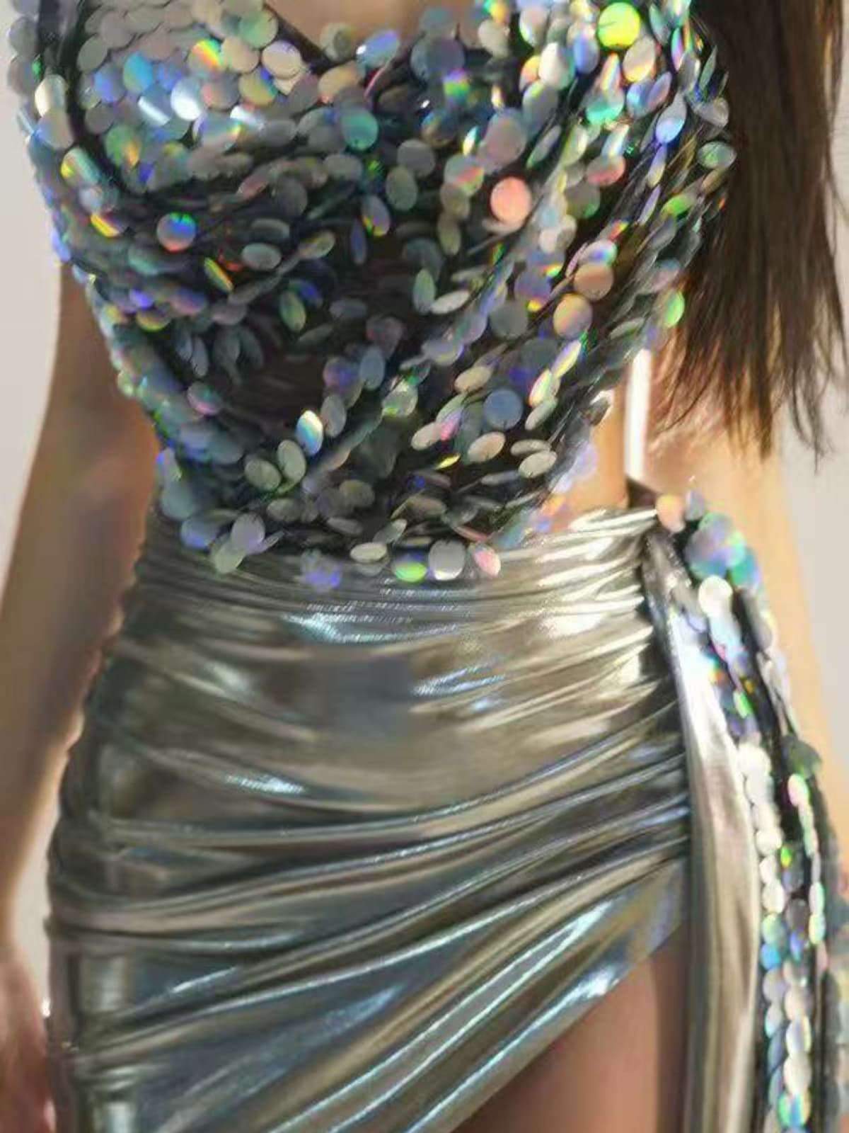 Cassey Payetli Drapeli Etek Seti Gümüş