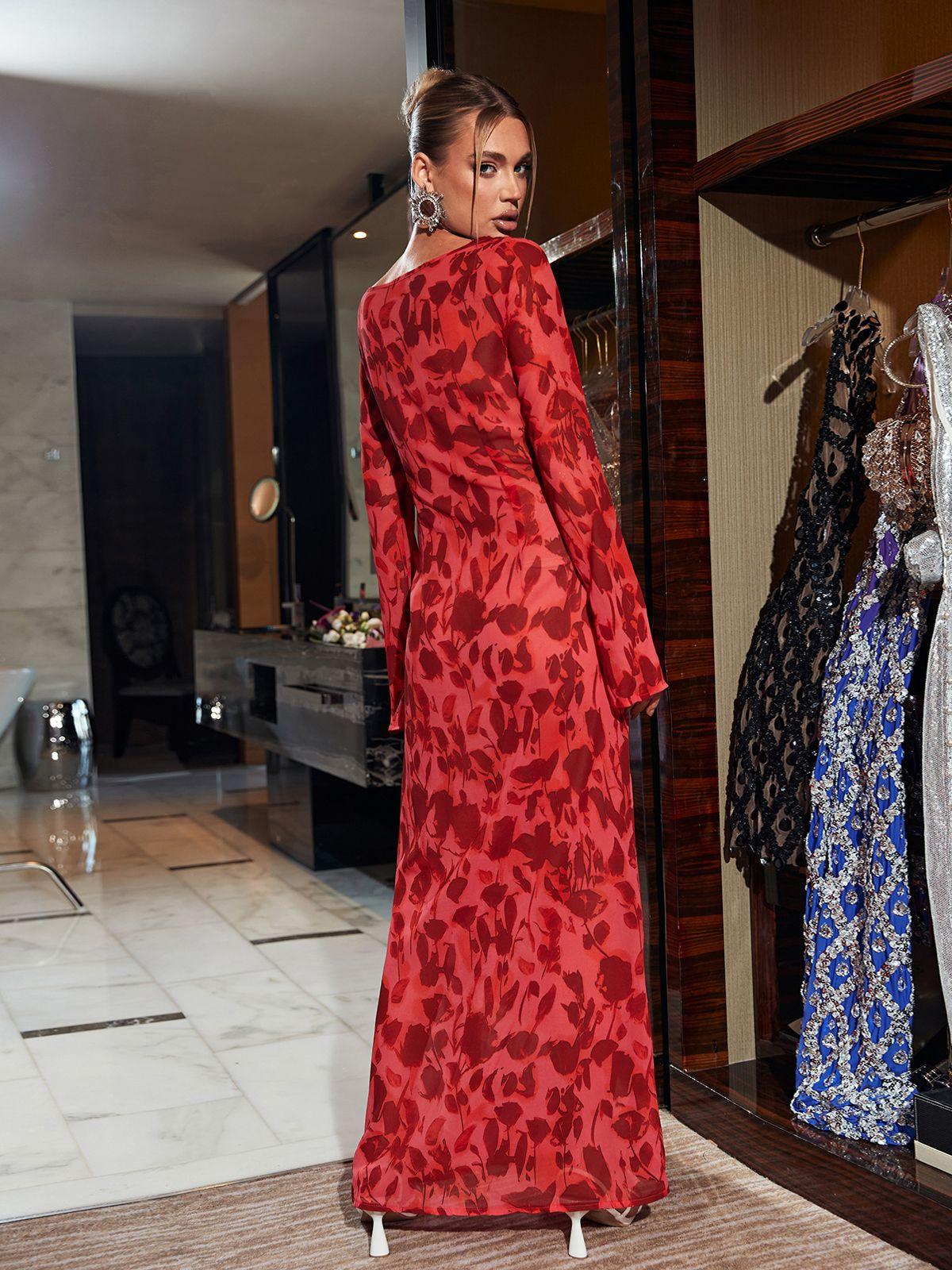 Cecily Uzun Kollu Gül Desenli Maxi Elbise