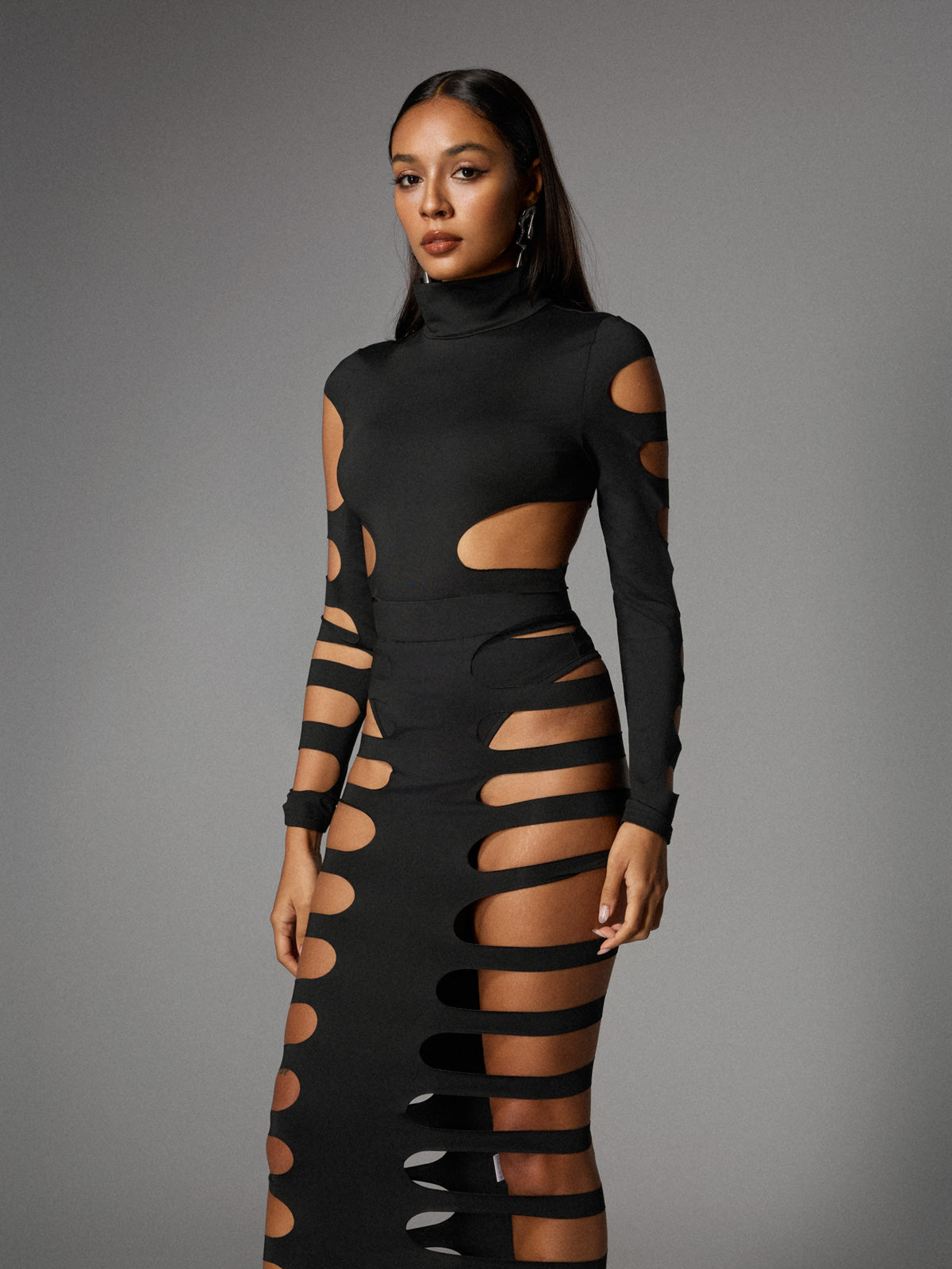 Ceslee Uzun Kollu Kesik Etek Takımı Siyah