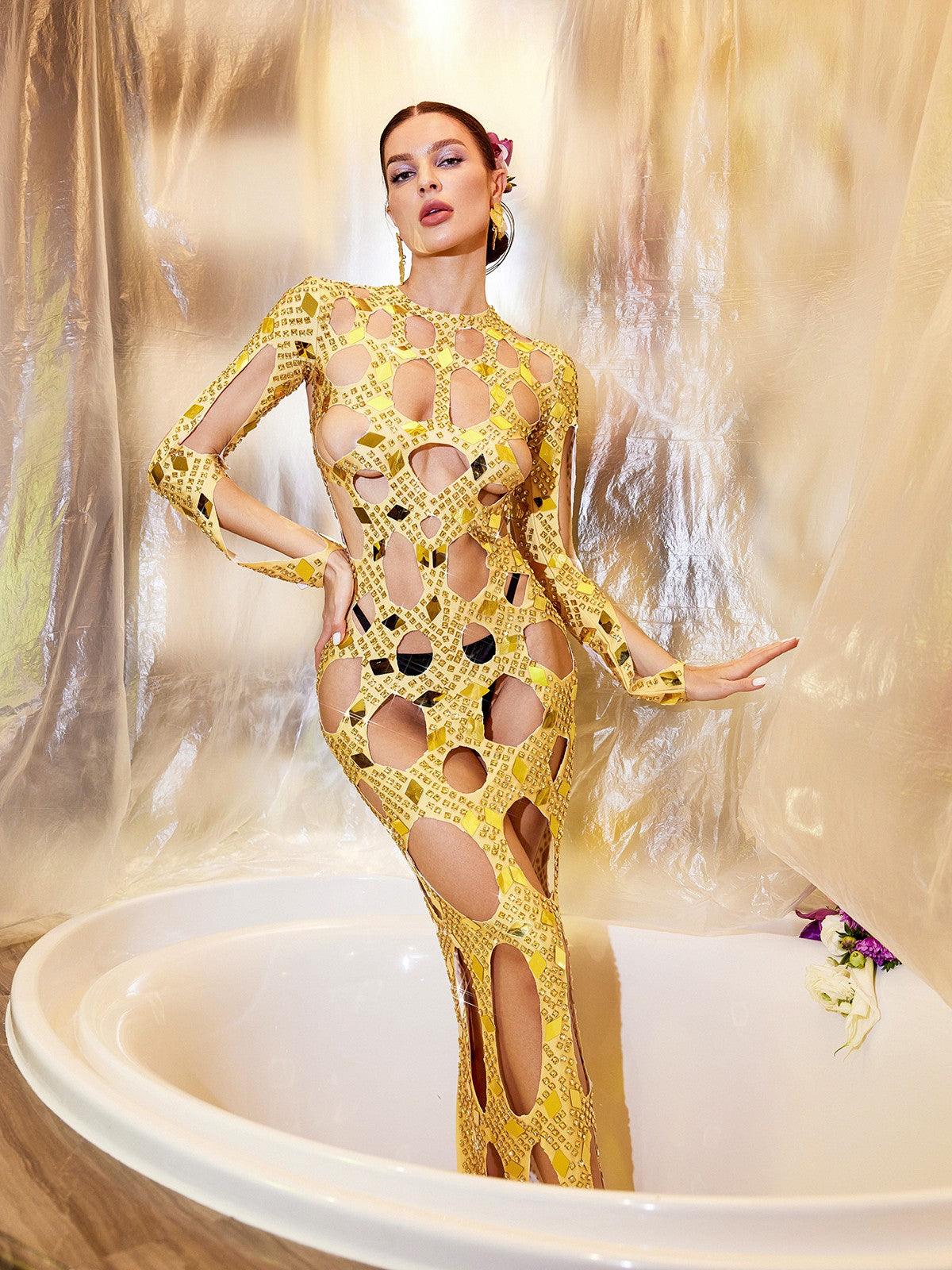 Cocona Kare Boş Süslü Elbise Altın Renk