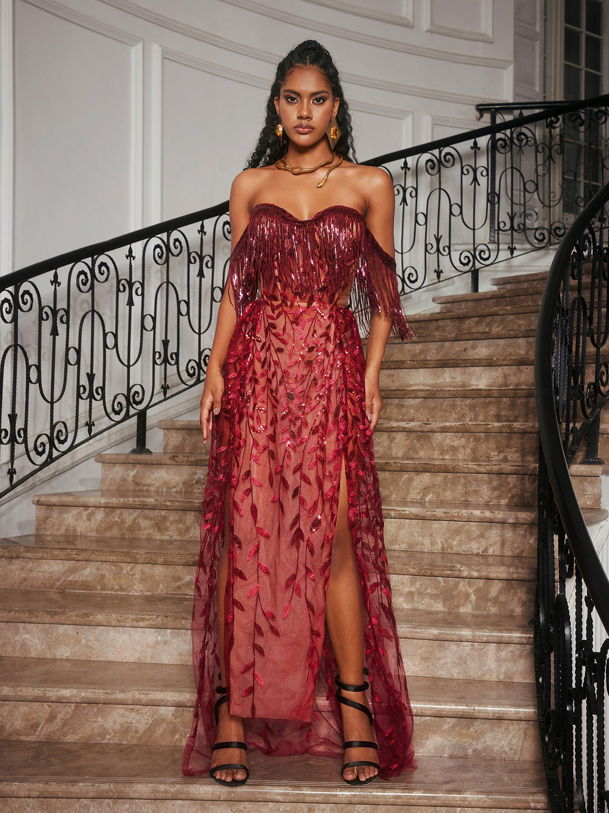 Codruta Straplez Yapraklı Franje Maxi Elbise Kırmızı