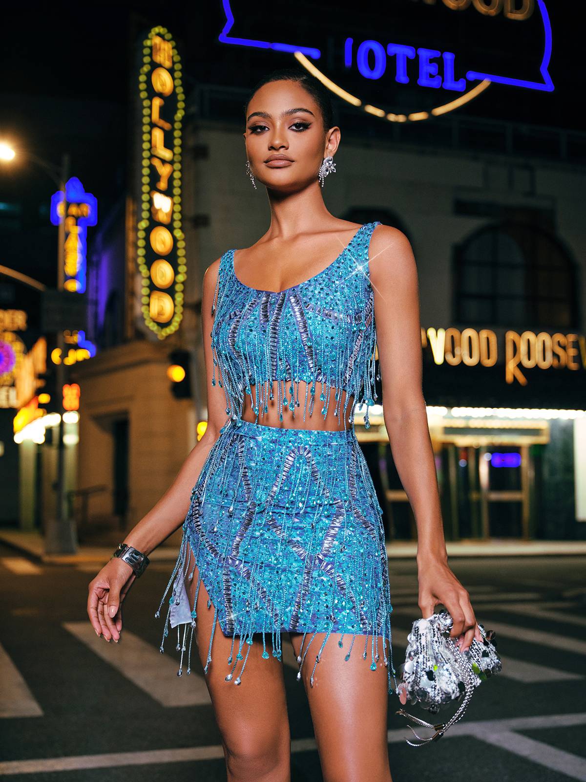 Mavi Colette Kristal Zincir Fringe Yırtmaç Etek Seti